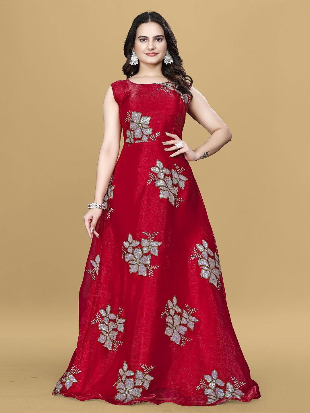 

LADY SHOPI Women Floral Embroidered Net Fit & Flare Maxi Dress, Red