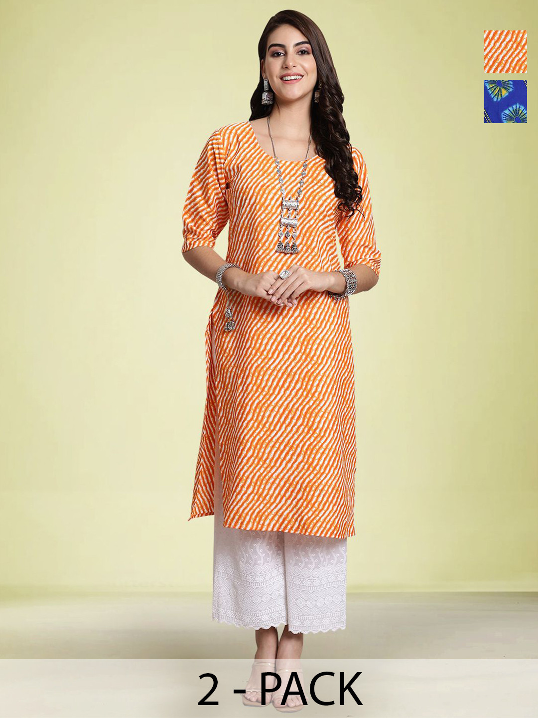 

Moda Rapido Selection Of 2 Leheriya Printed Round Neck Straight Kurtas, Orange
