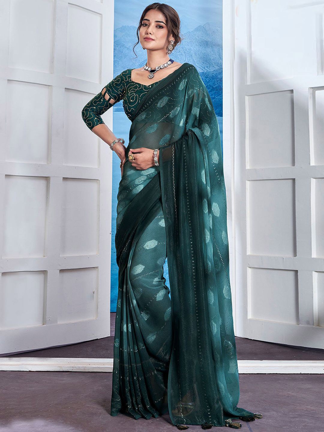 

Peachmode Woven Design Sequinned Pure Georgette Saree, Teal