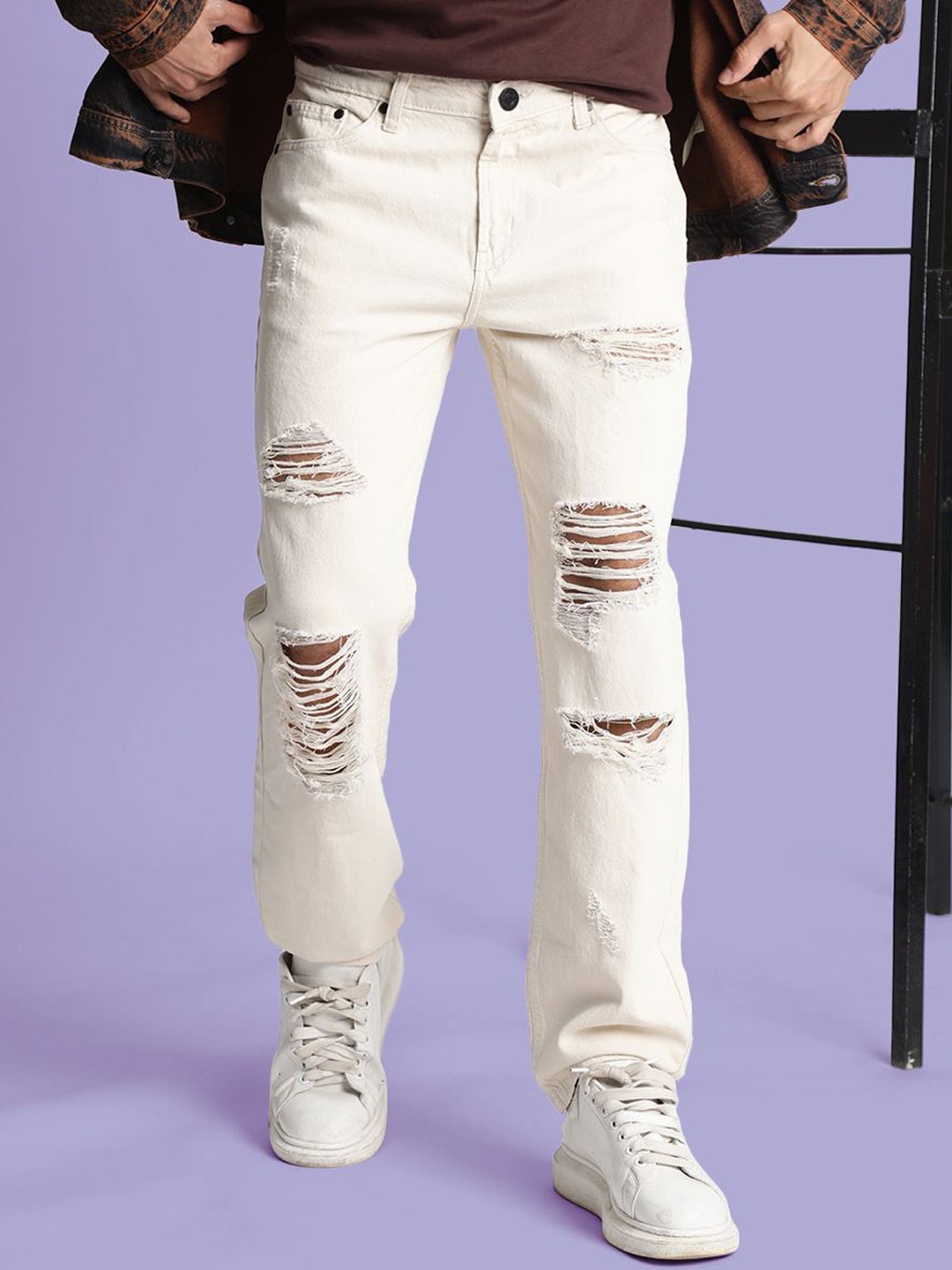 

Bene Kleed Men Relaxed Fit Cotton Highly Distressed Jeans, Beige