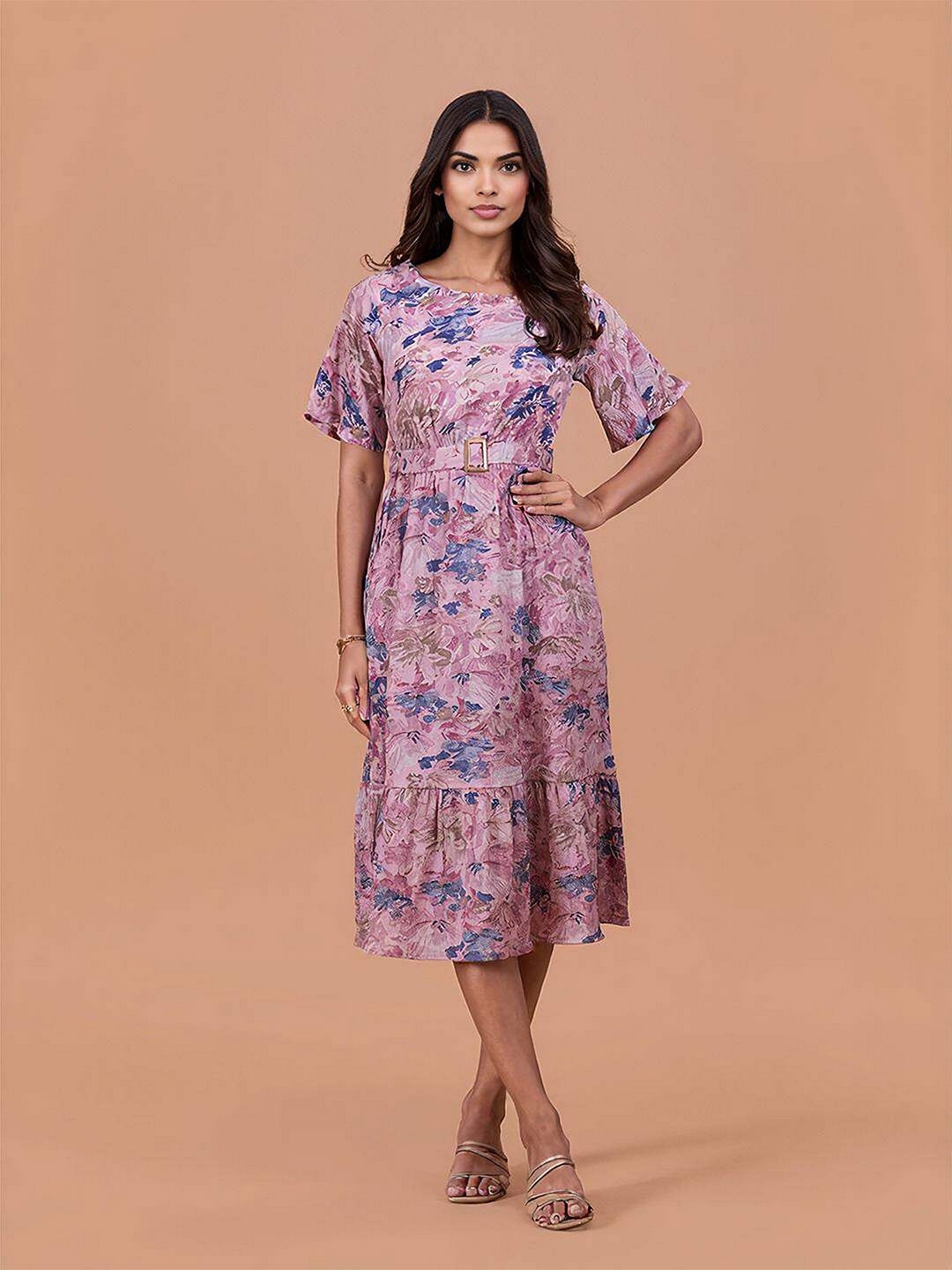 

DressBerry Floral Printed Boat Neck A-Line Midi Dress Comes with a belt, Pink