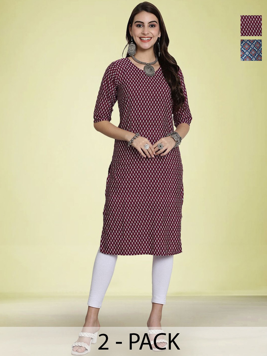 

Moda Rapido Selection Of 2 Ethnic Motifs Printed Round Neck Straight Kurtas, Maroon
