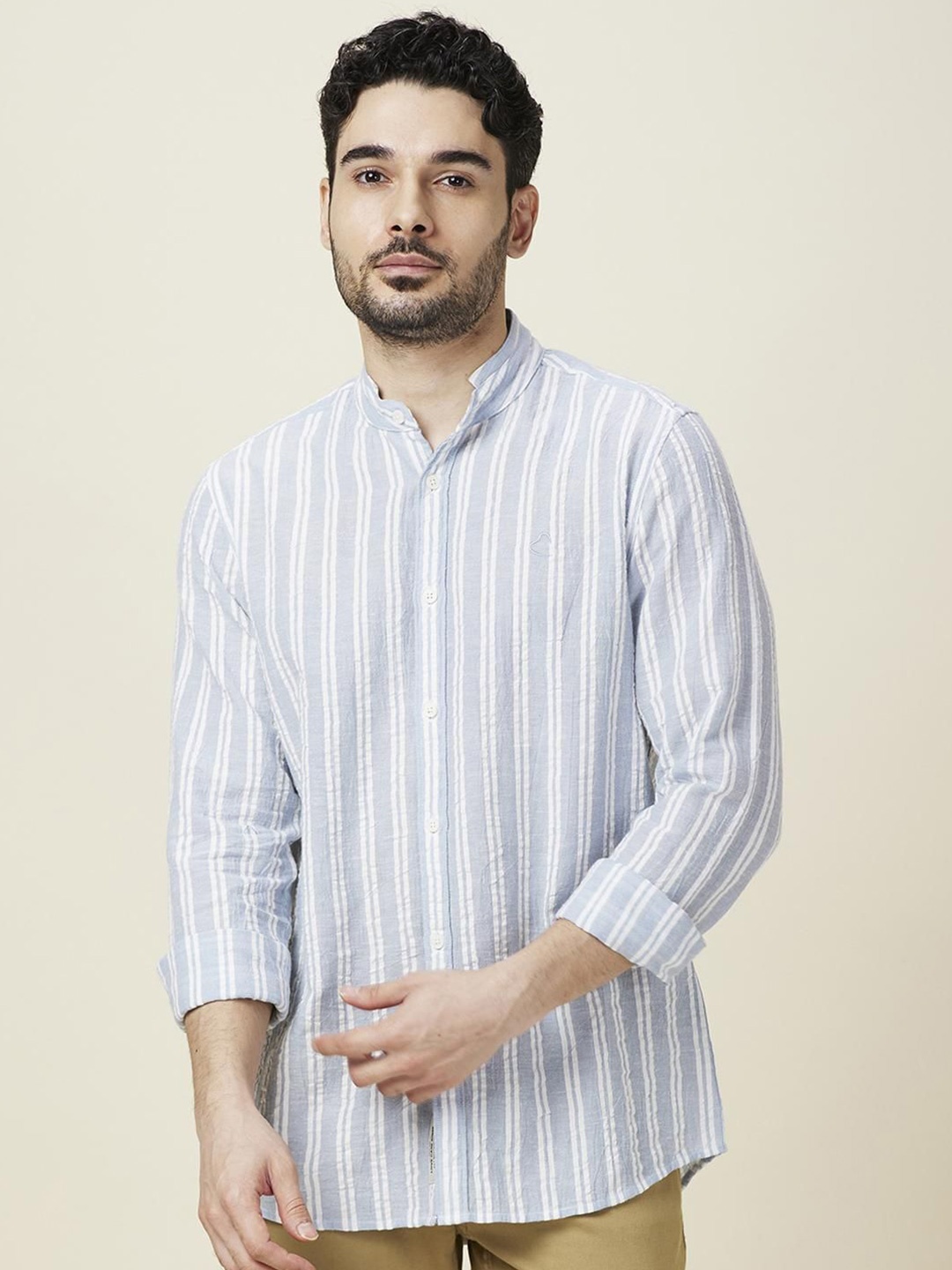 

Being Human Men Classic Fit Band Collar Vertical Striped Cotton Casual Shirt, Blue