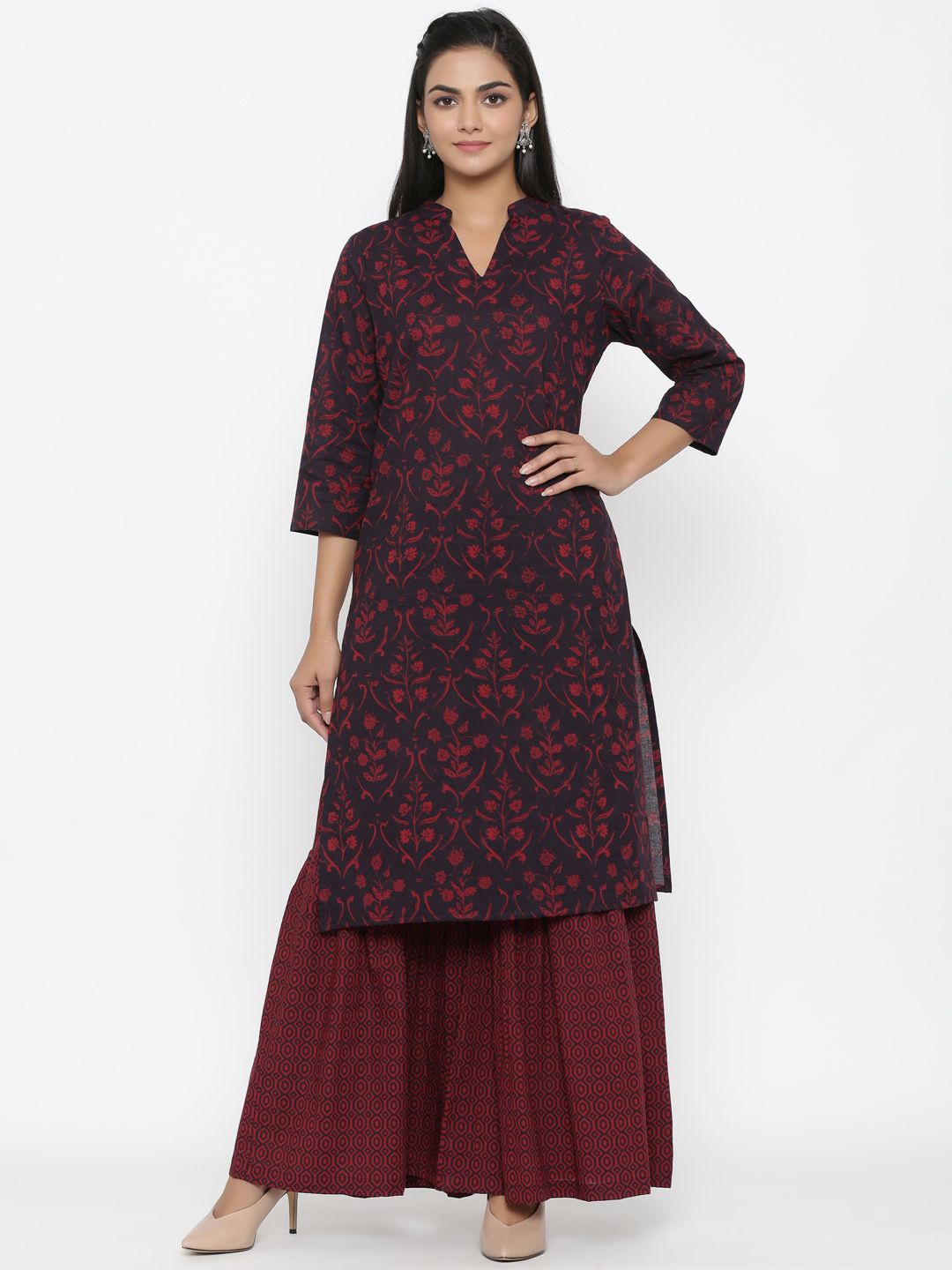 

Doriyaan Women Floral Printed Regular Pure Cotton Kurta with Sharara, Maroon