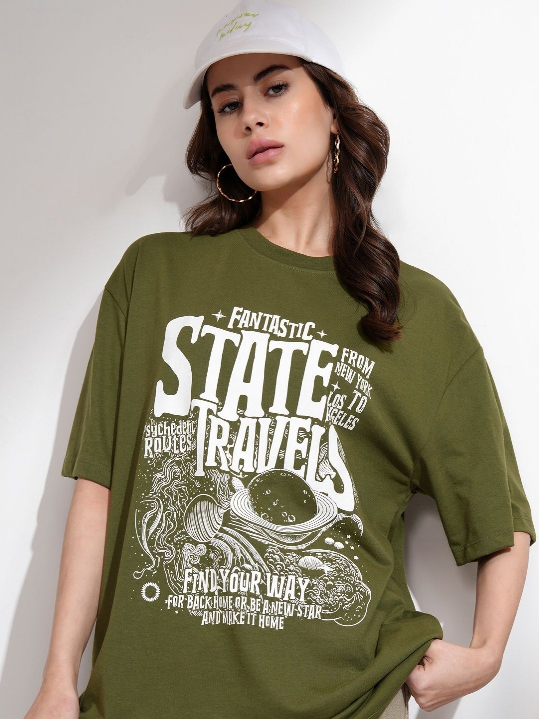 

Street By Tokyo Talkies Women Typography Printed Round Neck Cotton Oversized T-shirt, Olive