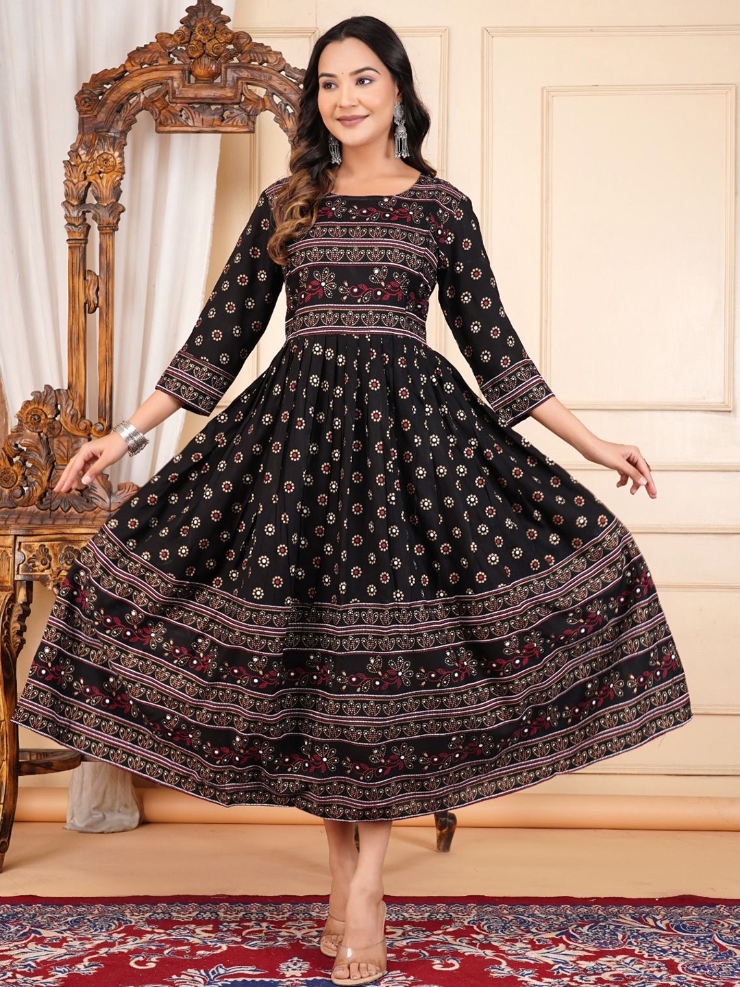

Vorcia Febtex Printed Round Neck Anarkali Fit and Flare Dress, Black