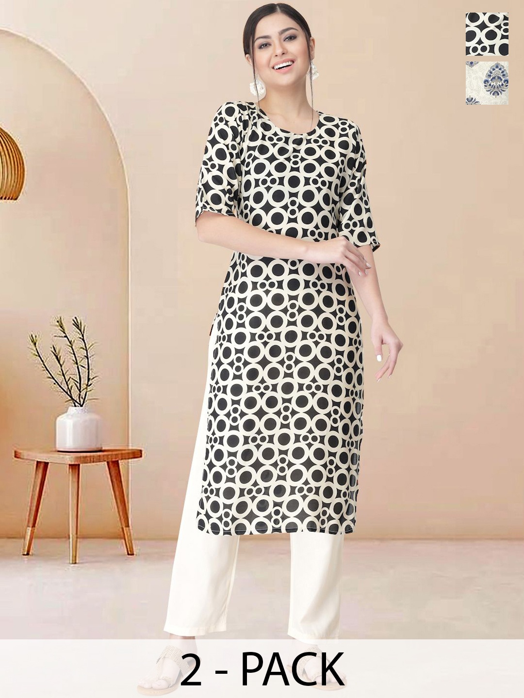 

Moda Rapido Pack of 2 Printed Straight Kurta with Trousers, White