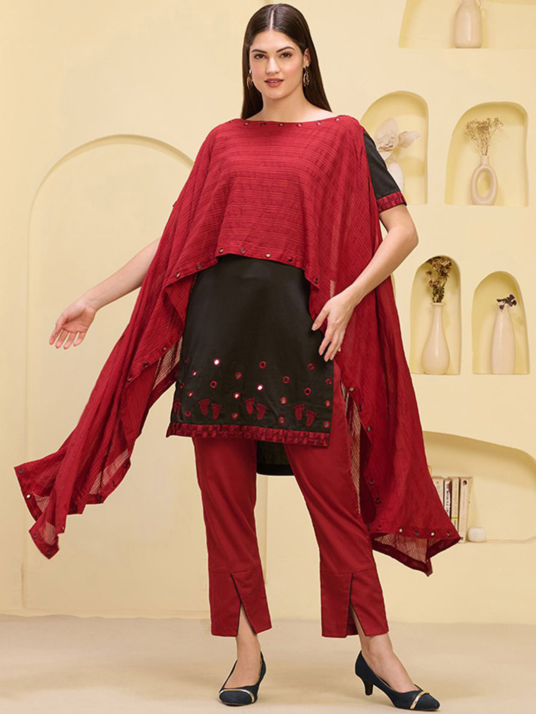 

First Resort by Ramola Bachchan Mirror Work Round Neck Tunic And Trousers, Red