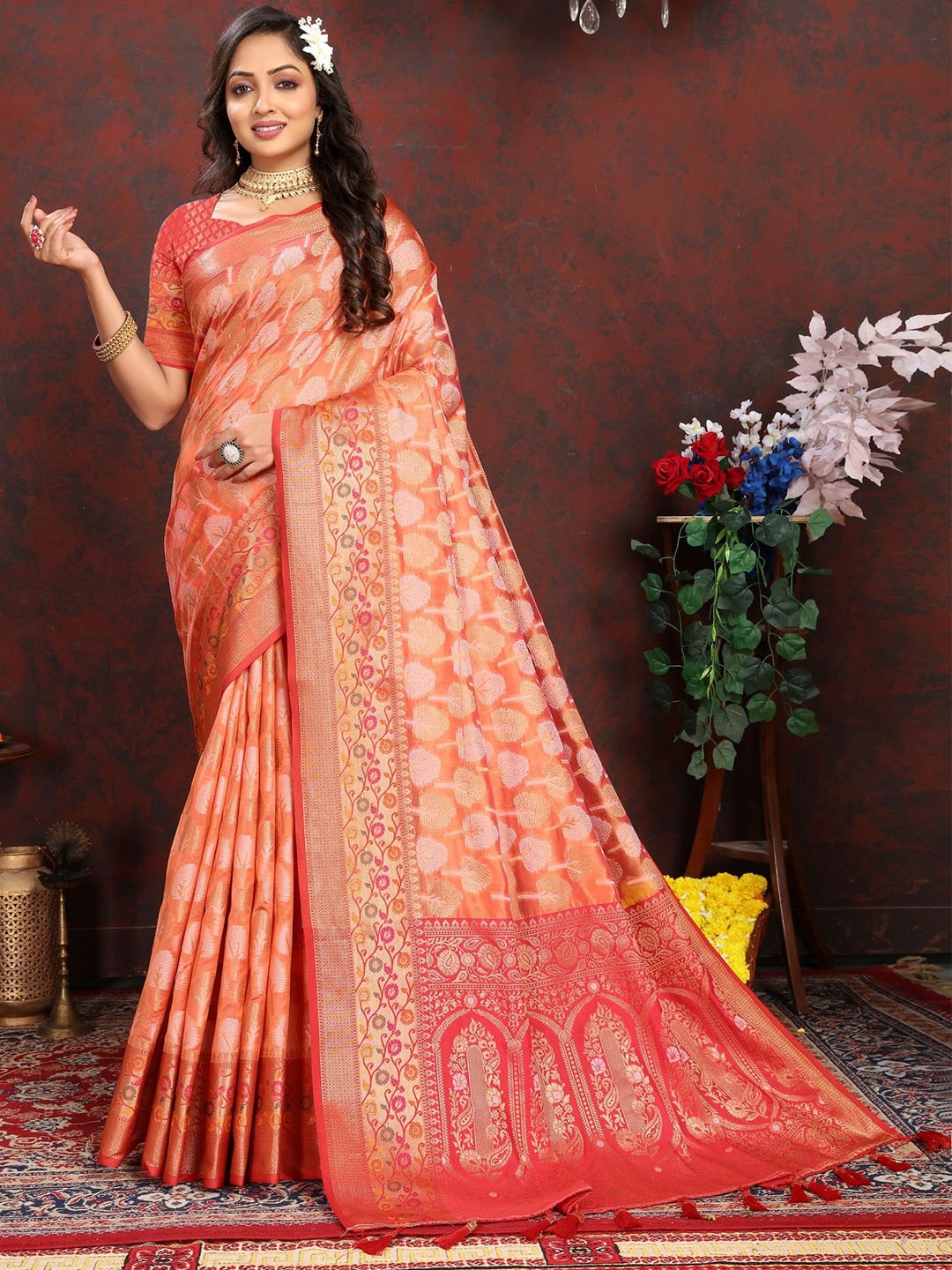 

LeeliPeeri Designer Woven Design Zari Silk Blend Saree, Orange