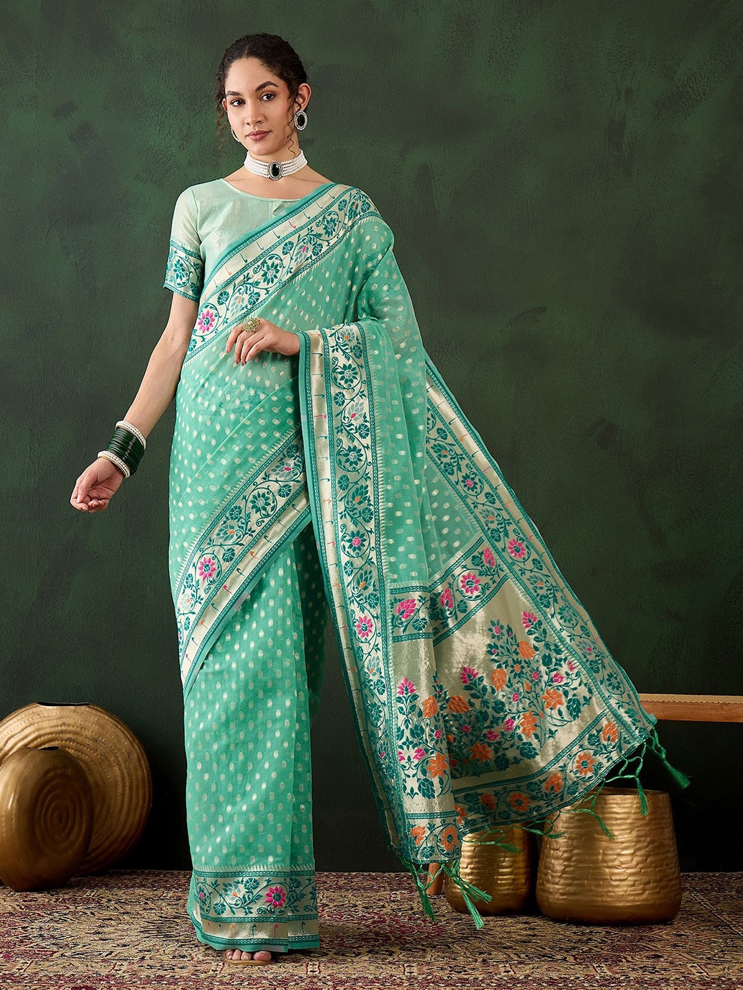 

Mitera Woven Design Zari Banarasi Saree, Sea green