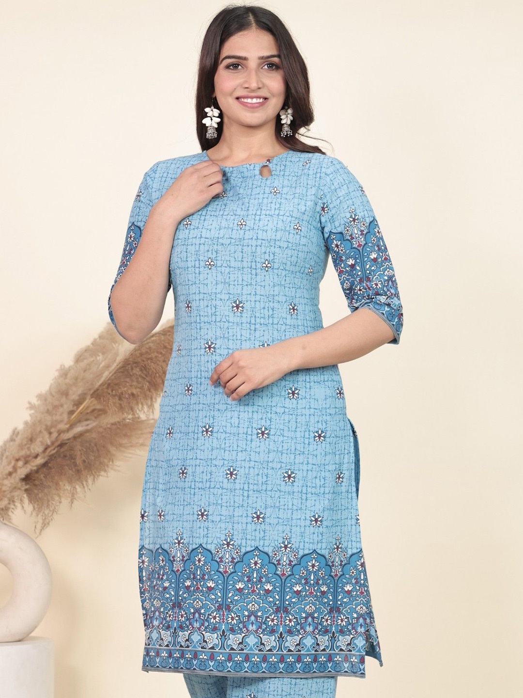 

Aramya Ethnic Motifs Printed Keyhole Neck Pure Cotton Straight Kurta, Blue