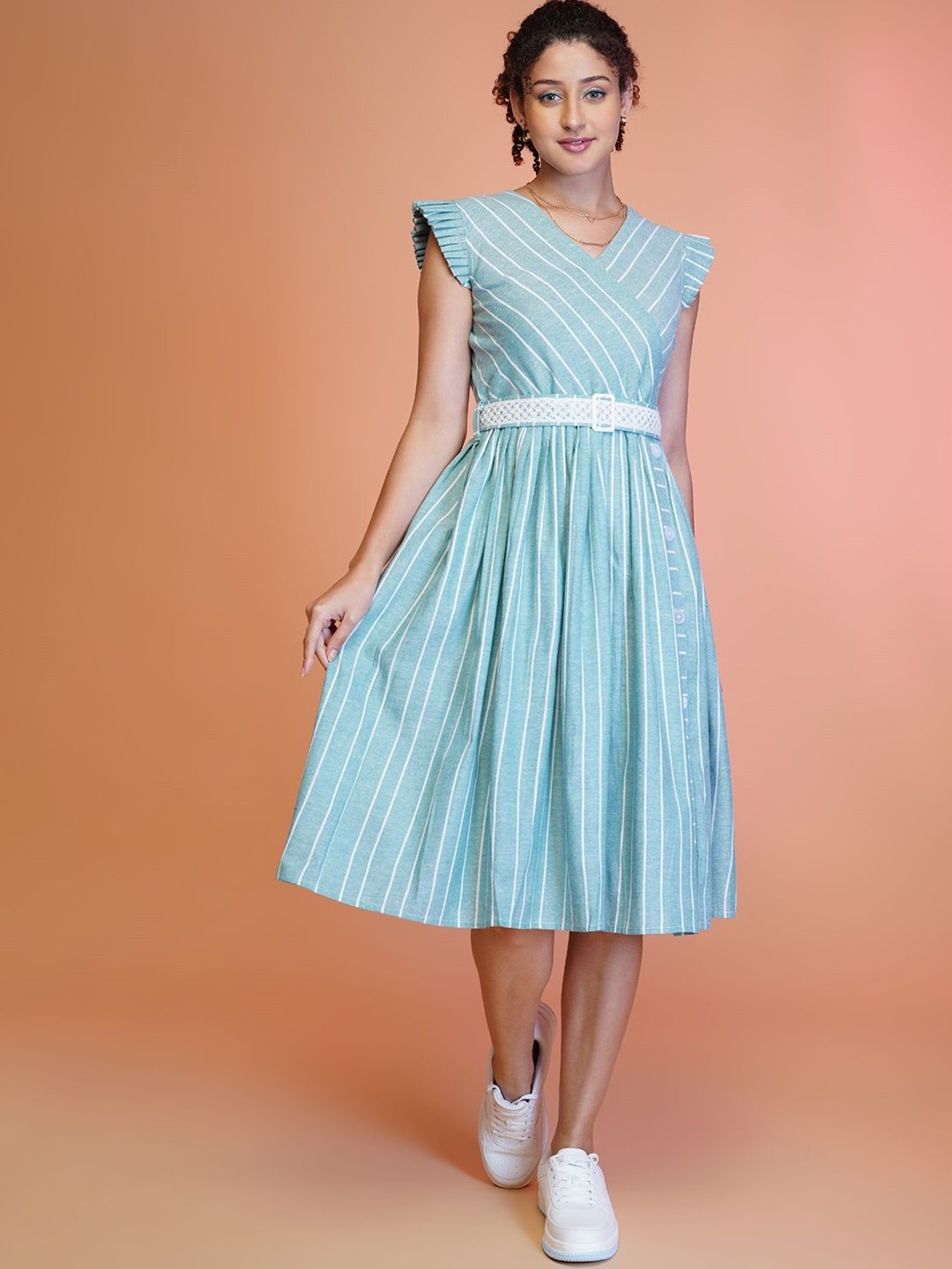 

YANAMORA Women V-Neck Striped Cotton Fit & Flare Dress, Blue