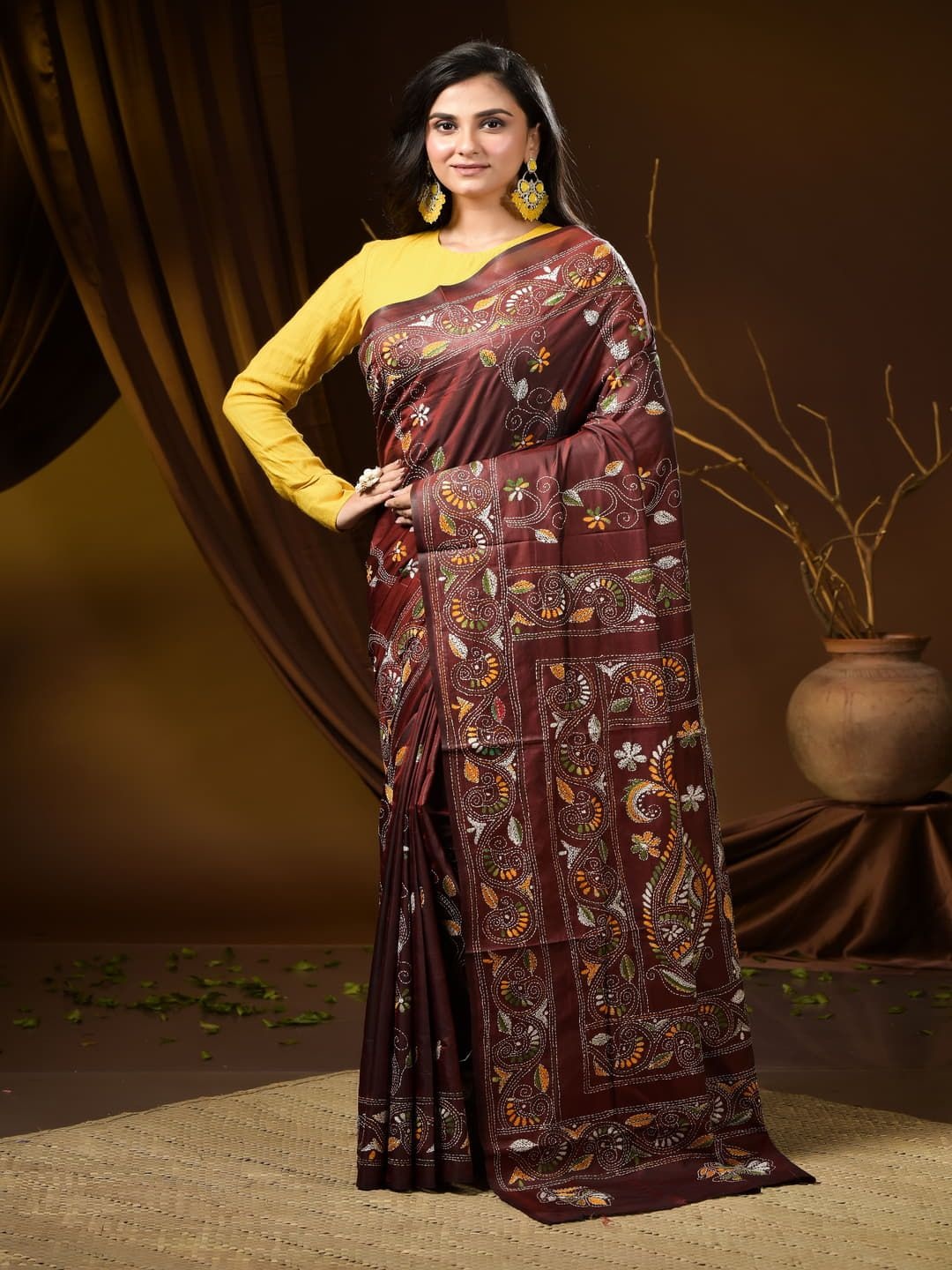 

T.J. SAREES Ethnic Motifs Kantha Stitch Heavy Work Saree, Brown