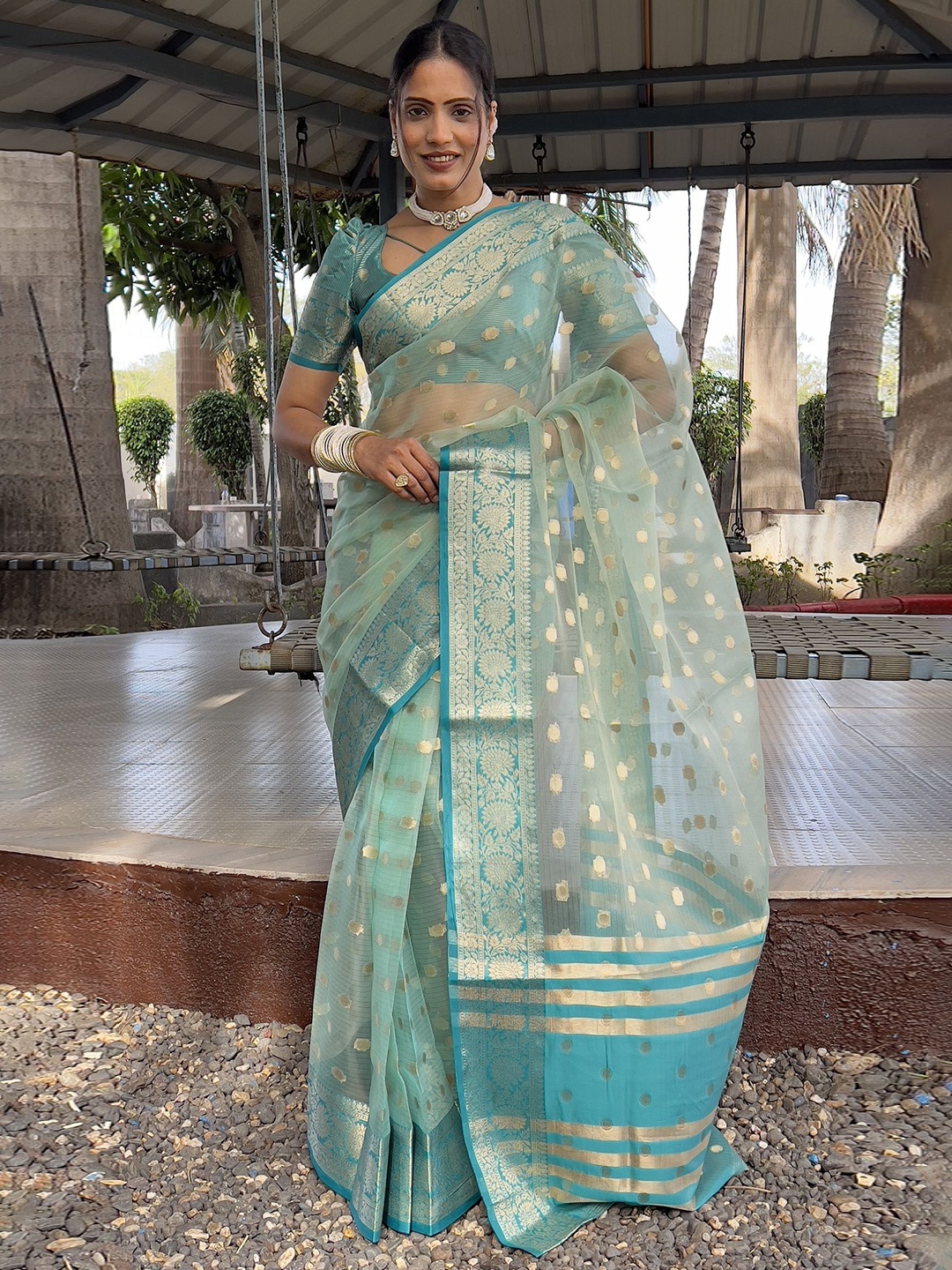 

LADY SHOPI Woven Design Zari Organza Saree, Teal