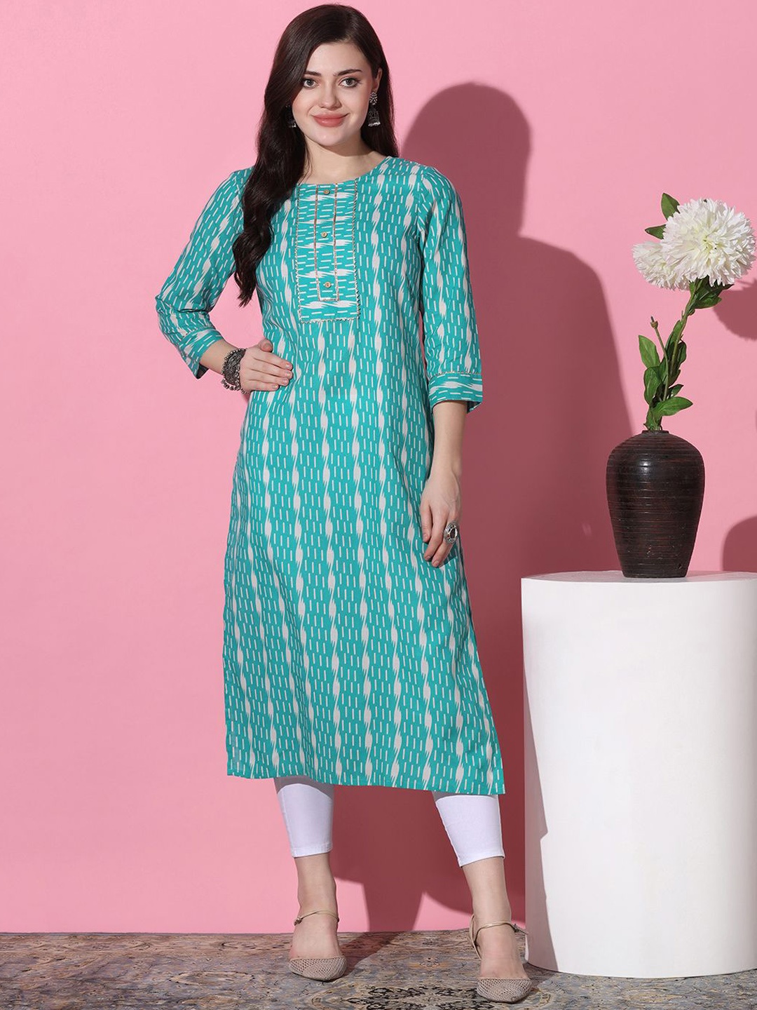 

Moda Rapido Ethnic Motifs Printed Gotta Patti Round Neck Straight Kurta, Green