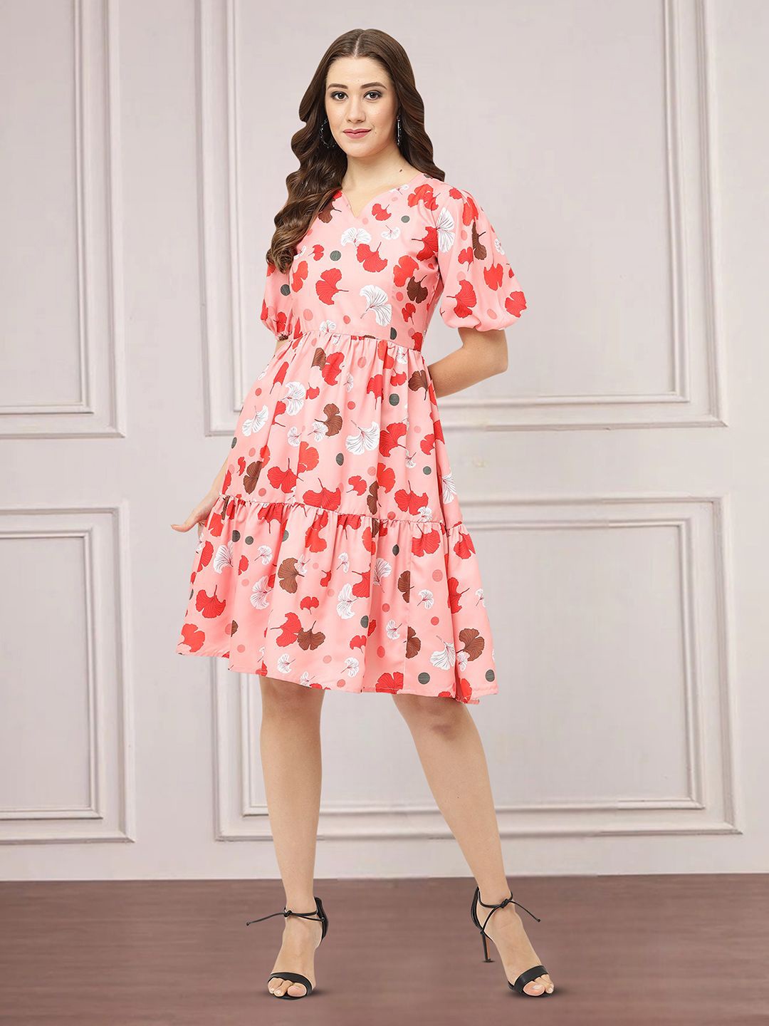 

MISS AYSE Women Floral Printed Cotton Fit & Flare Dress, Pink