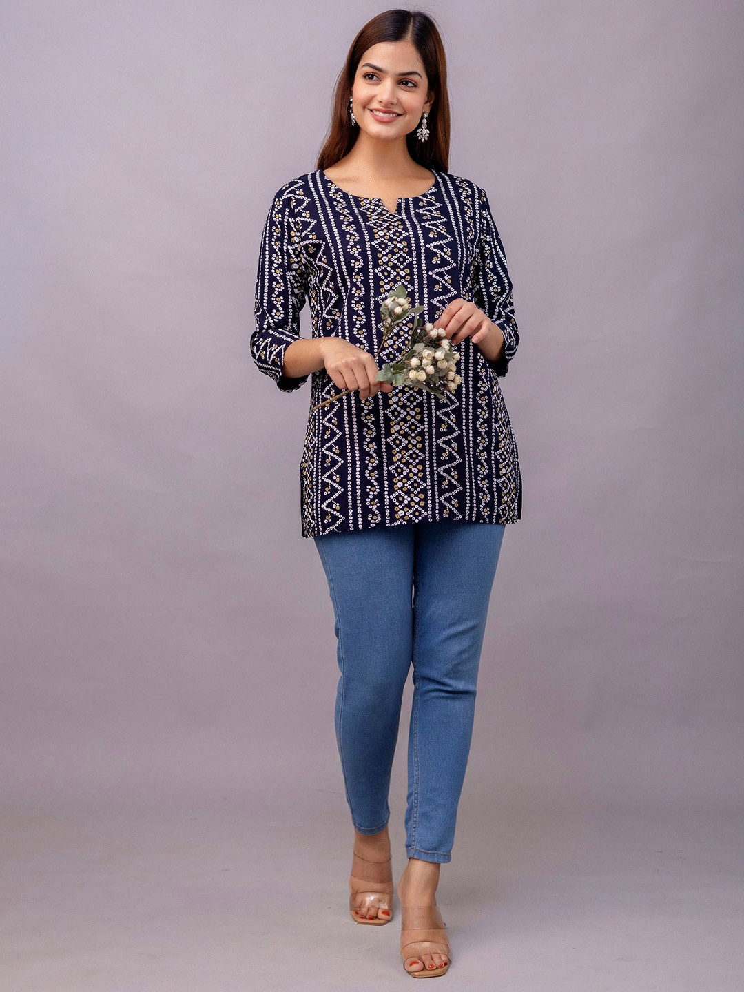 

Mialo fashion Women Bandhani Printed Kurti, Navy blue