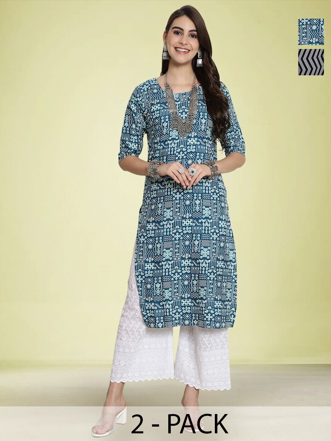 

Moda Rapido Selection Of 2 Geometric Printed Straight Kurtas, Navy blue