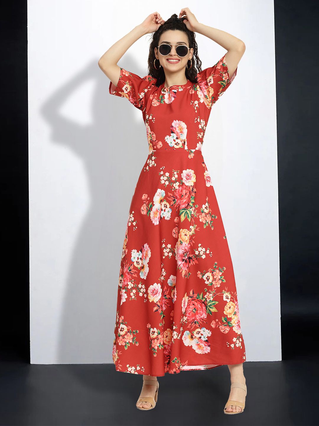 

MISS AYSE Floral Print Applique Fit & Flare Dress, Red