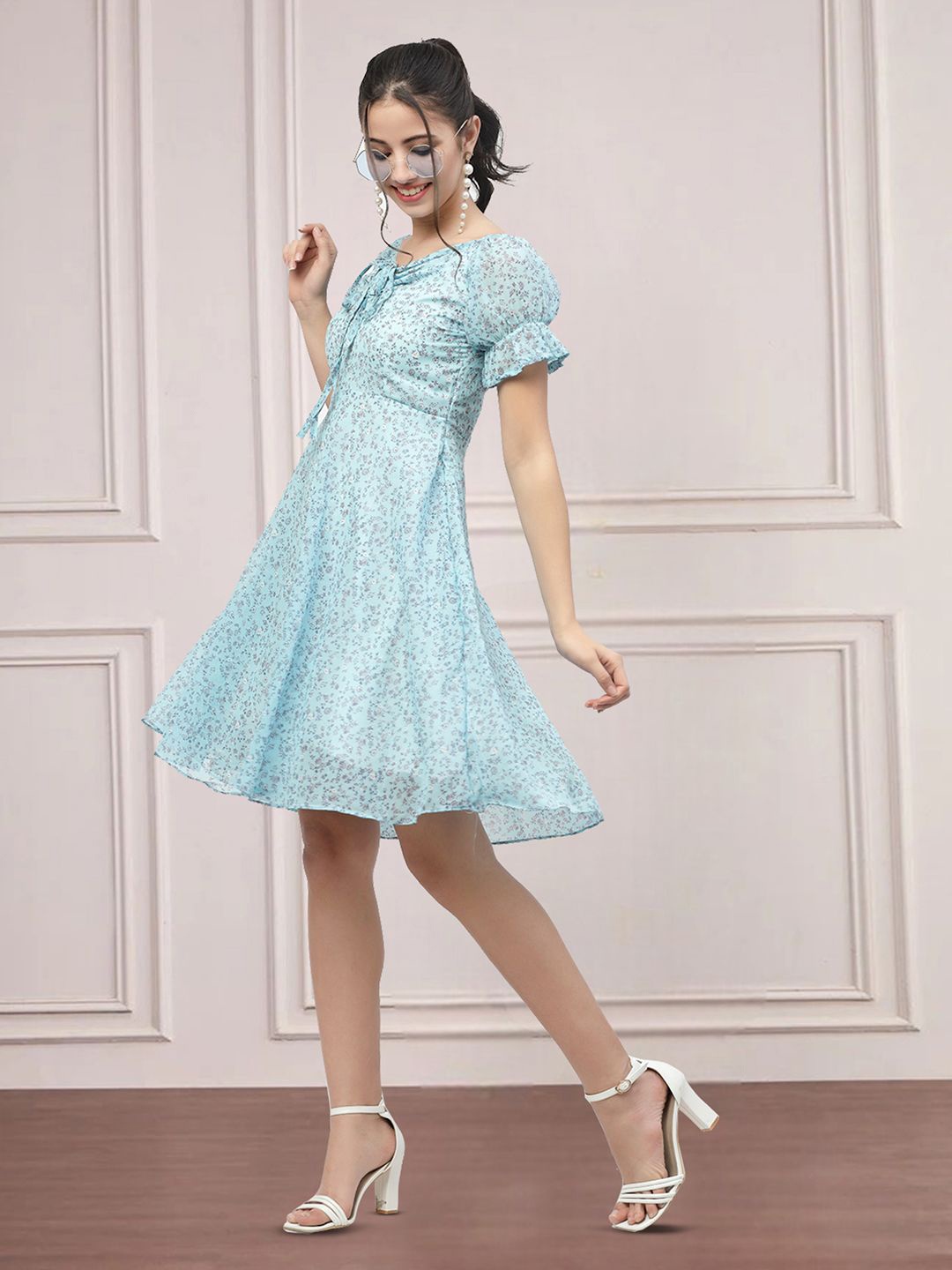 

MISS AYSE Women Cotton Floral Printed Tie-Up Neck Fit & Flare Dress, Blue