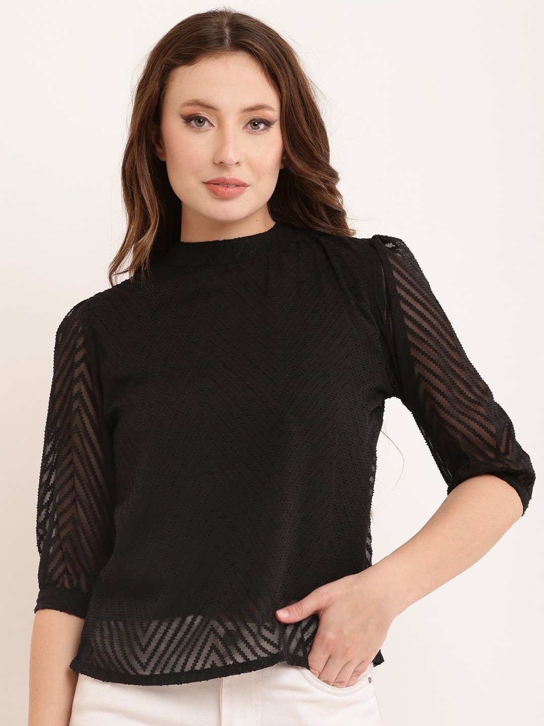 

Bright Nex Women High Neck Cuffed Sleeve Georgette Top, Black