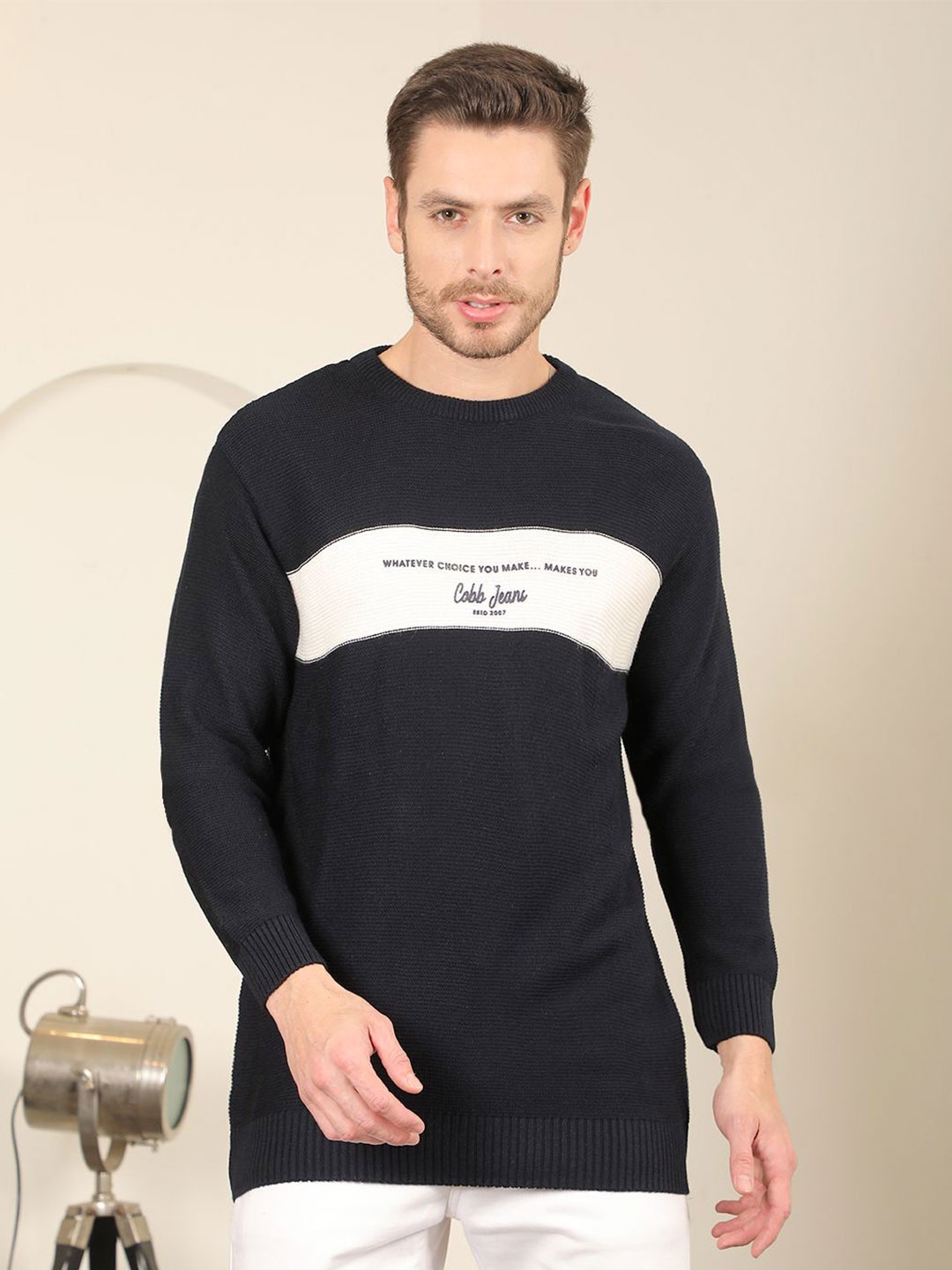 

COBB Men Typography Colourblocked Pullover Sweater, Navy blue