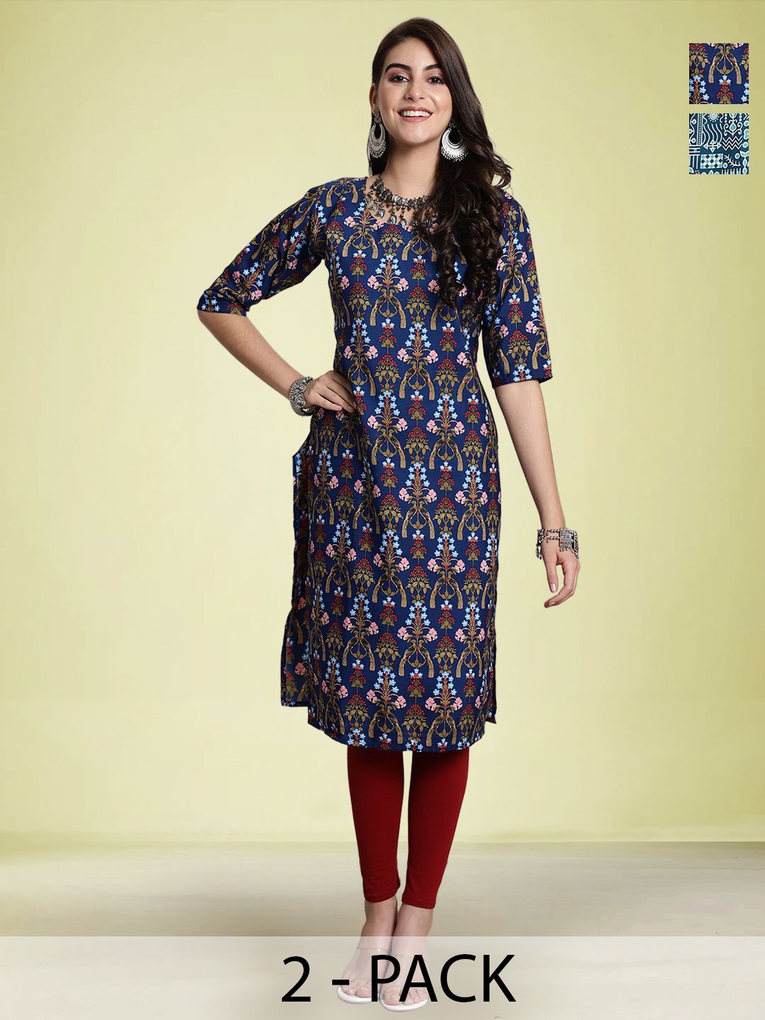 

Moda Rapido Selection Of 2 Floral Printed Round Neck Straight Kurtas, Blue