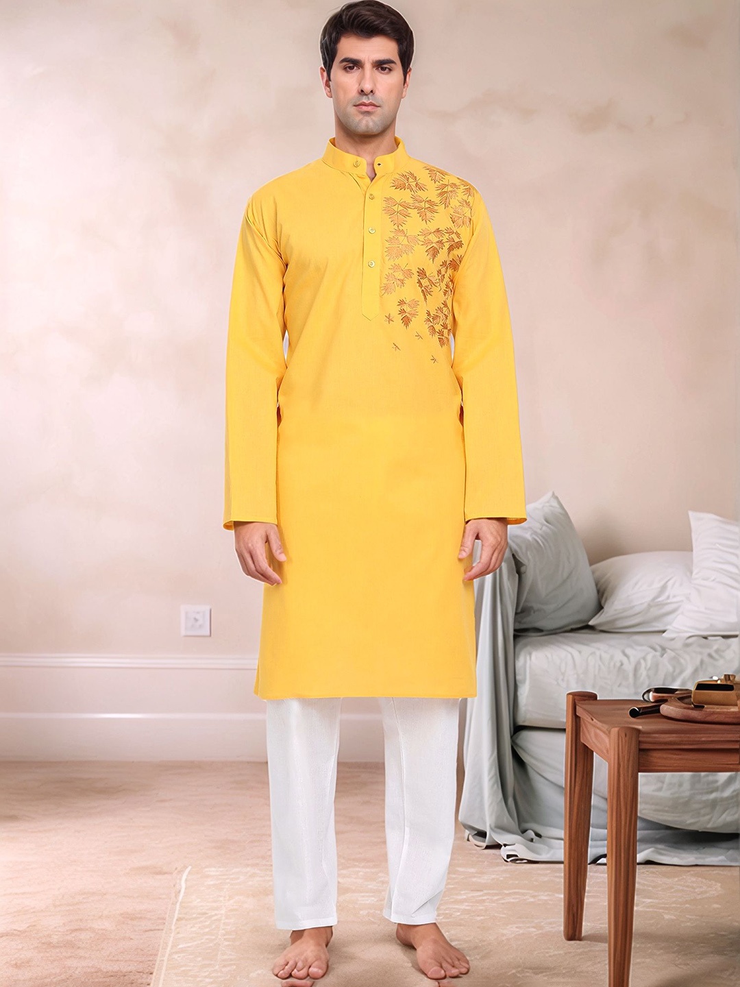 

Moda Rapido Men Embroidered Regular Pure Cotton Kurta with Pyjamas, Gold