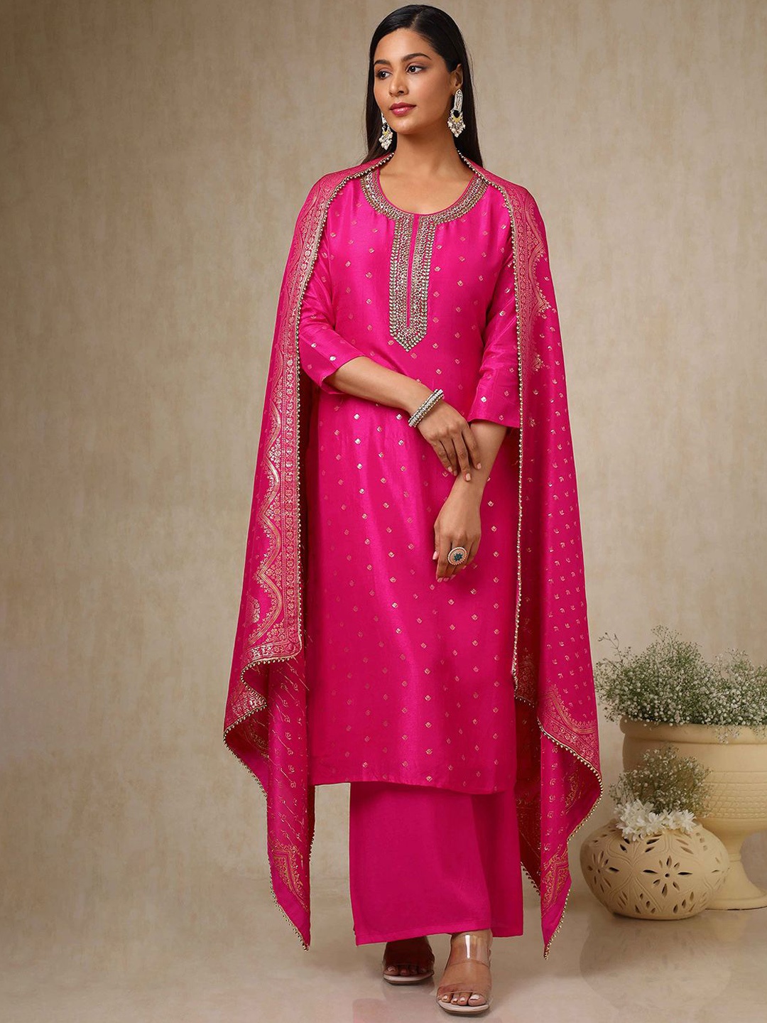 

Soch Women Floral Regular Beads and Stones Kurta with Palazzos & With Dupatta, Fuchsia