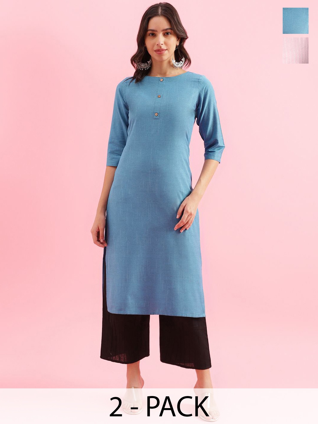 

KALINI Selection Of 2 Woven Design Round Neck Straight Kurtas, Blue
