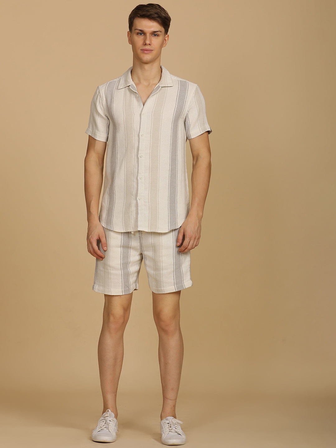 

POE Illiana Dobby Striped Pure Cotton Shirt With Shorts Co-Ords, Off white