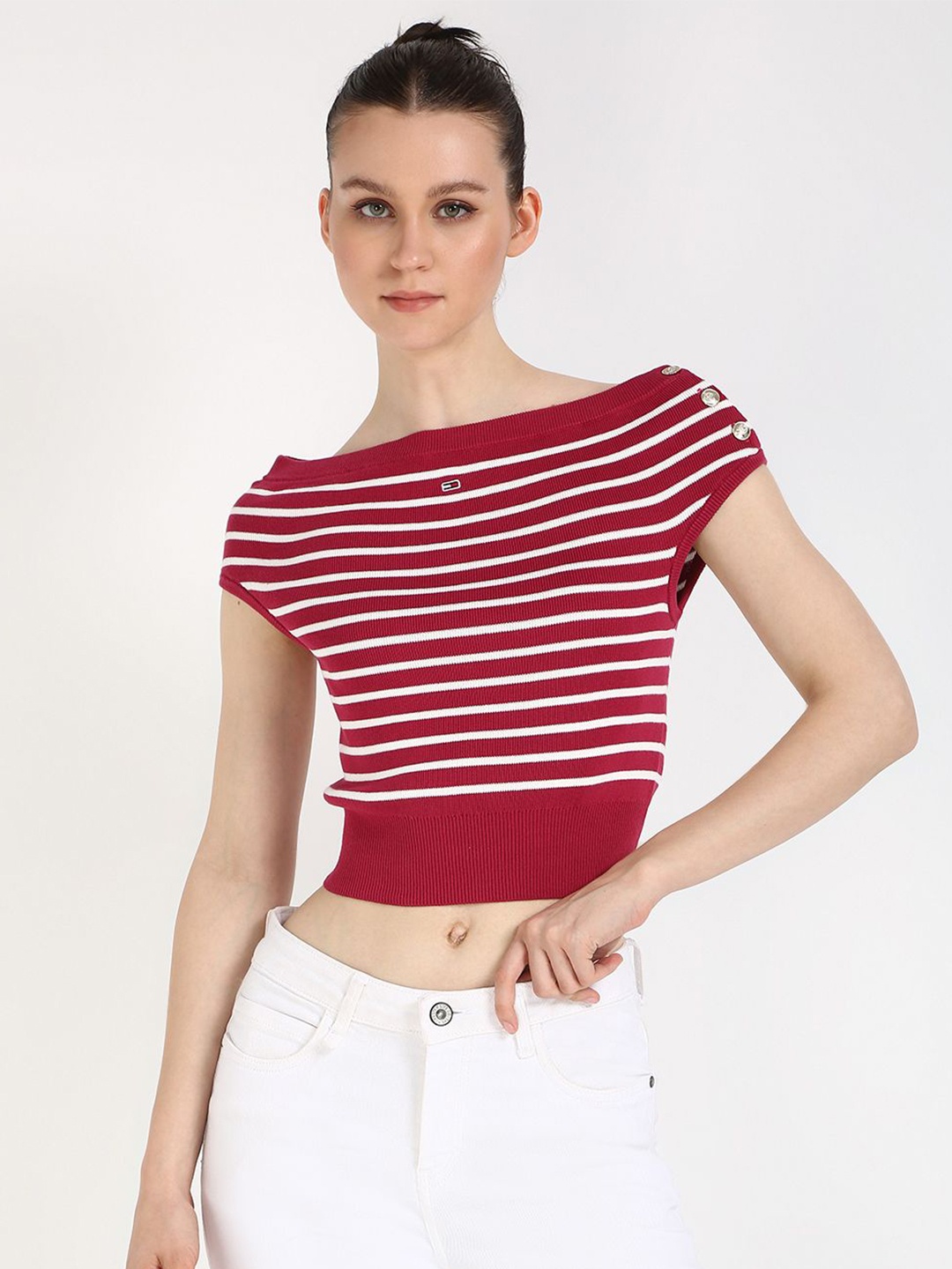 

Tommy Hilfiger Women Striped Extended Sleeves Cotton Top, Red