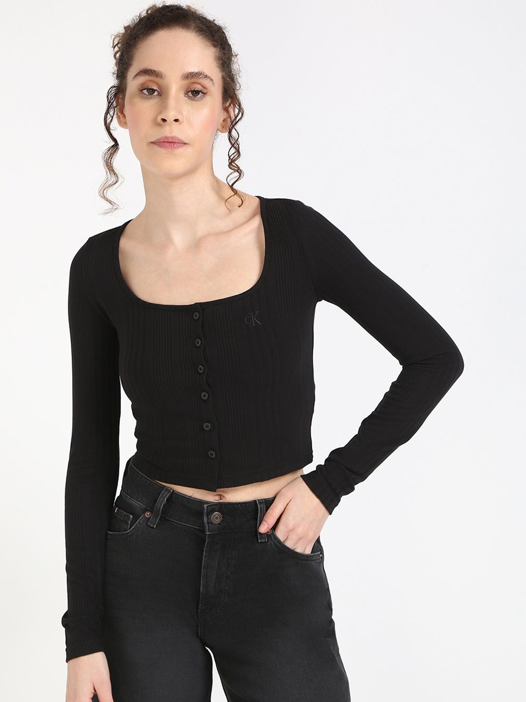 

Calvin Klein Jeans Women Ribbed Fitted Crop Top, Black
