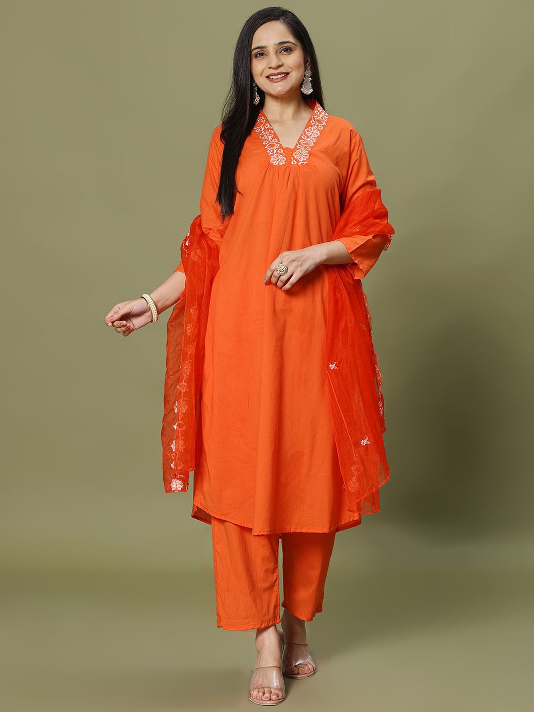 

Meena Bazaar Women Regular Kurta with Trousers & With Dupatta, Orange
