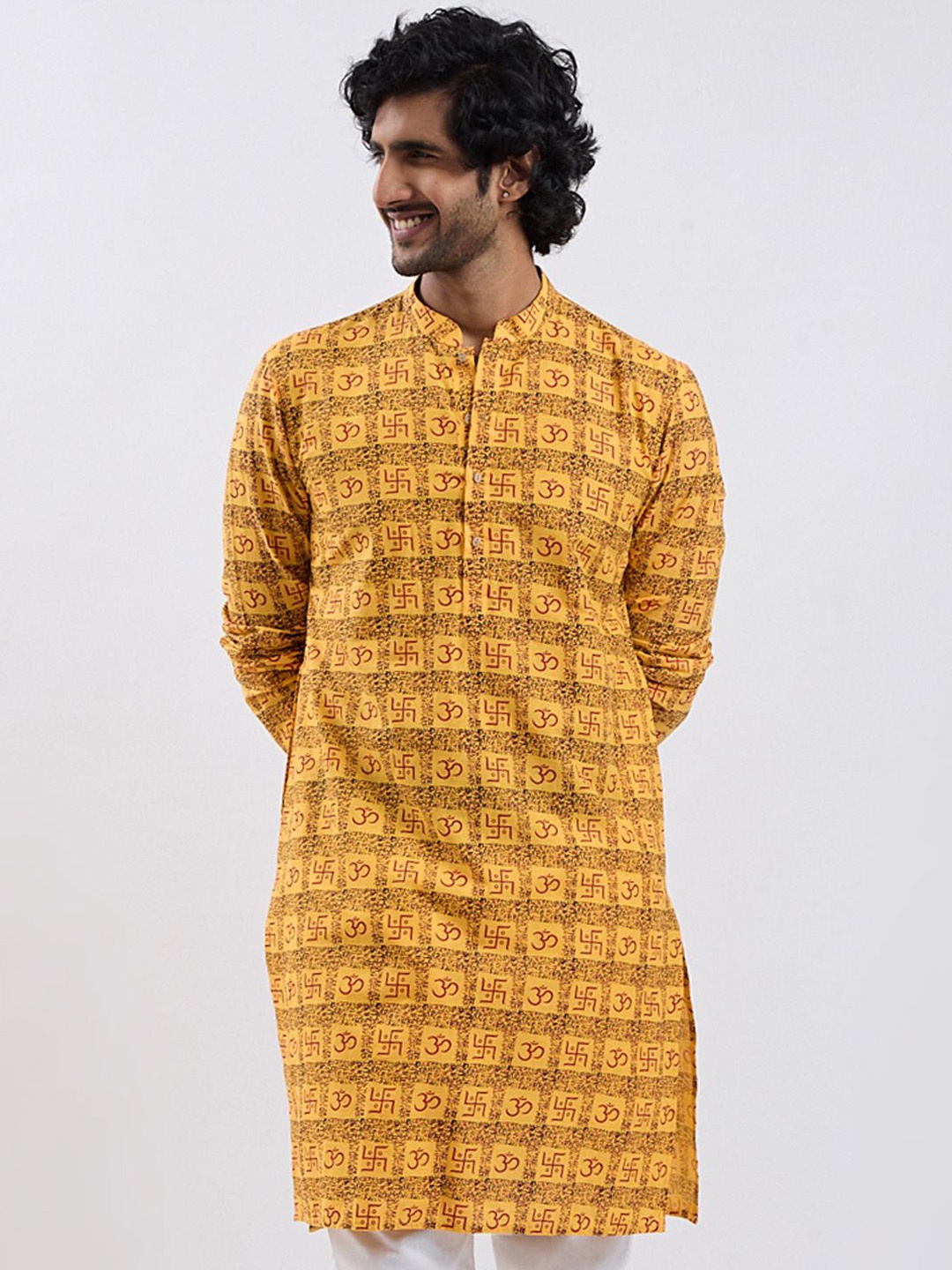 

VASTRAMAY Ethnic Motifs OM Printed Mandarin Collar Cotton Straight Kurta, Yellow