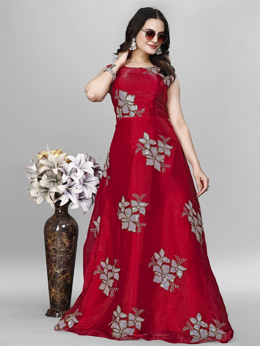 

JULEE Embellished Embroidered Net Fit & Flare Maxi Dress, Red