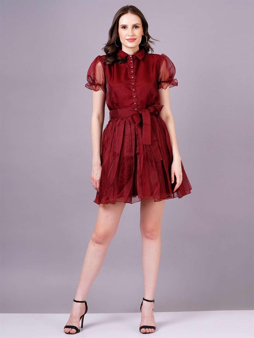 

BPT DESIGNER Floral Printed Satin Fit & Flare Dress, Maroon