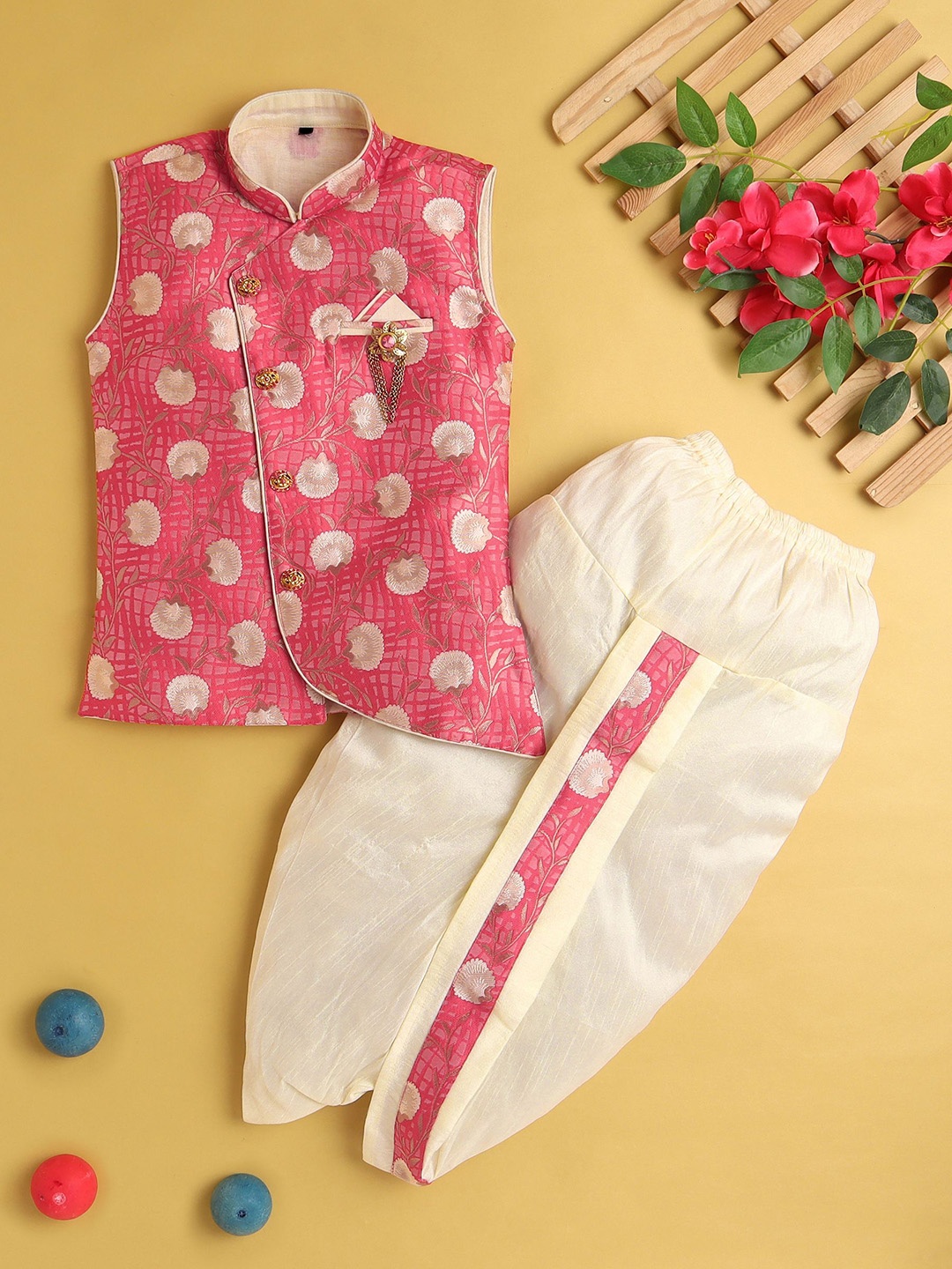 

Jeetethnics Boys Floral Regular Kurta with Dhoti Pants, Pink