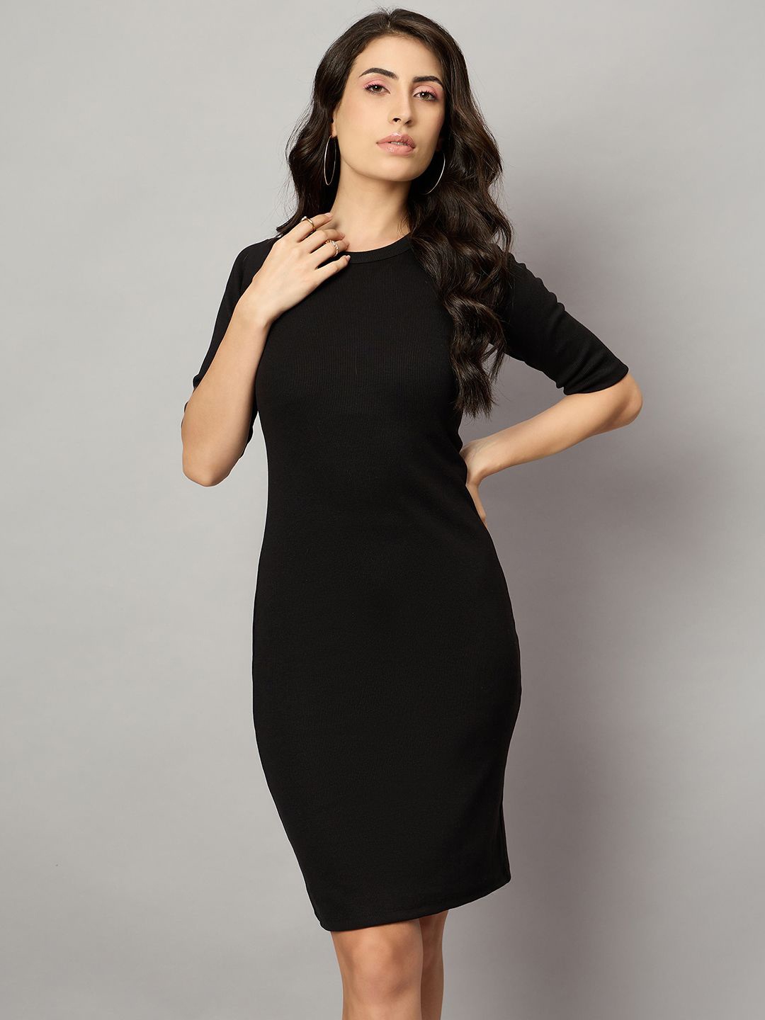 

Chemistry Women Round Neck Cotton Bodycon Dress, Black