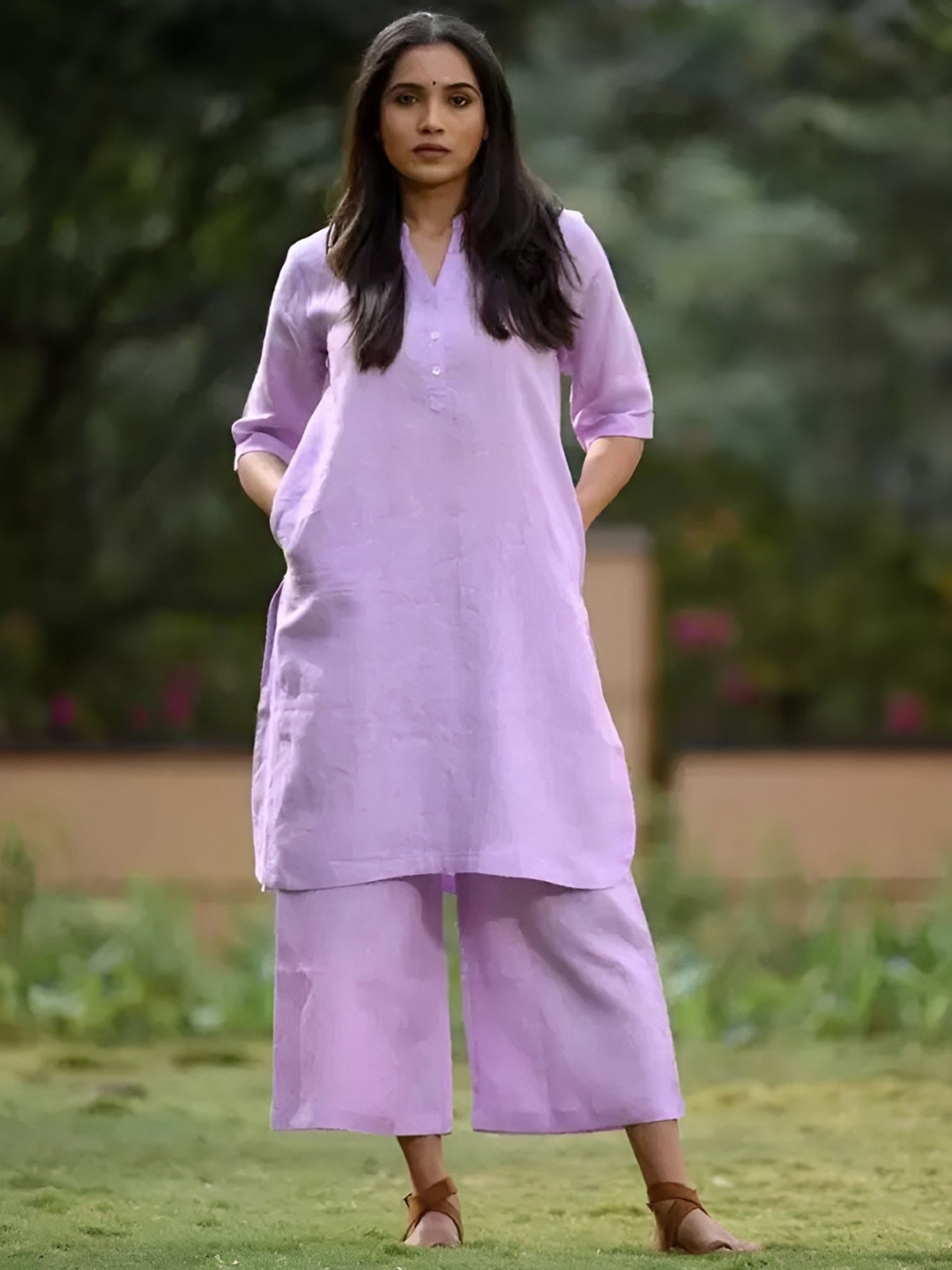 

Fabmoha Pure Cotton V-Neck Tunic With Trouser Co-Ords, Lavender