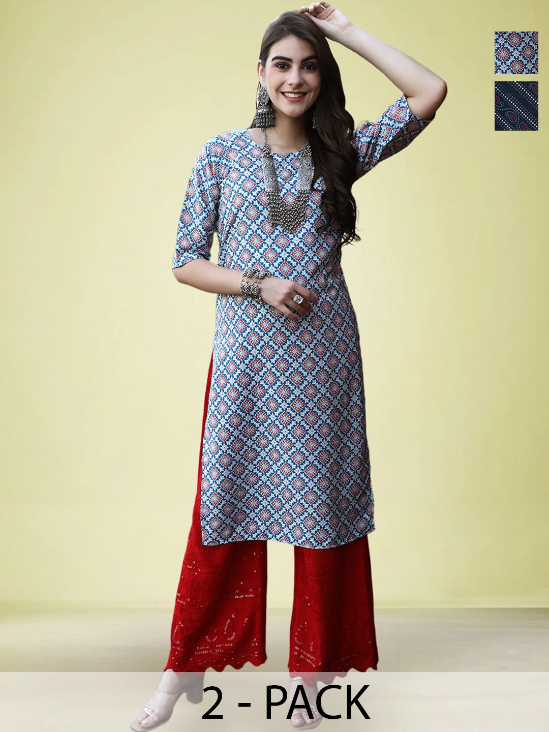 

Moda Rapido Selection Of 2 Floral Printed Round Neck Straight Kurtas, Blue