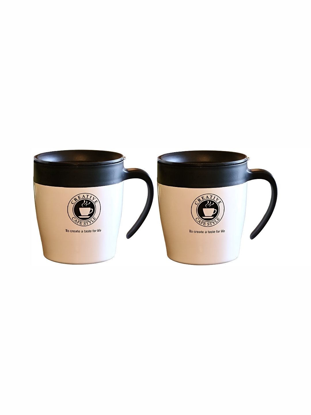 

We3 Beige & Black 2 Pieces Printed Stainless Steel Matte Mugs -330 ML