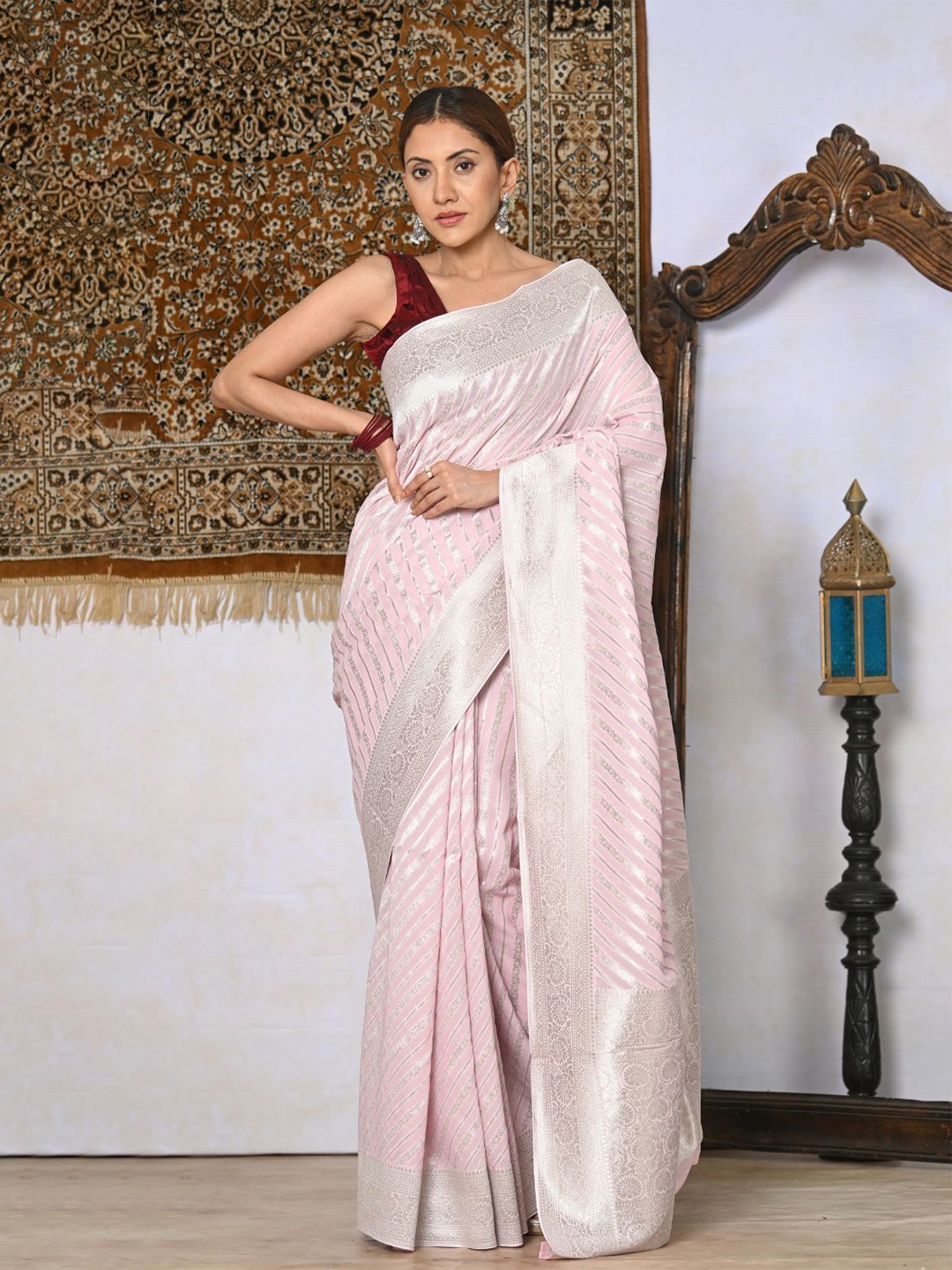

NITARAA Woven Design Zari Pure Georgette Banarasi Saree, Pink