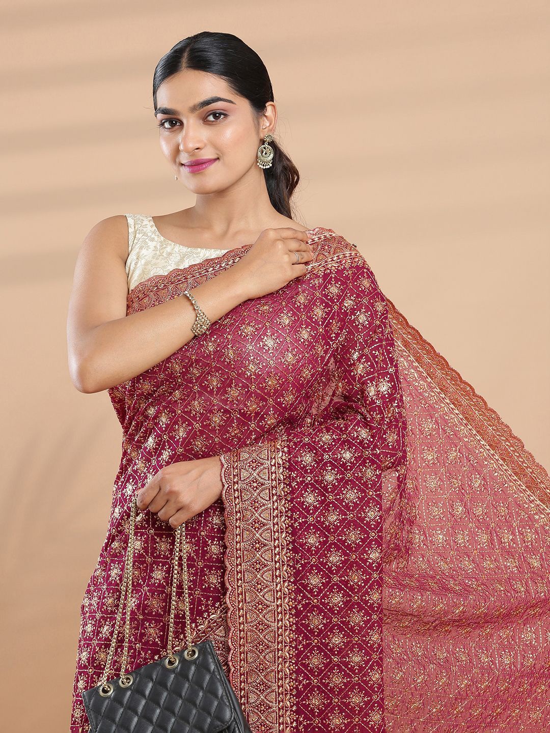 

Kalyan Silks Embroidery Beads and Stones Saree, Maroon