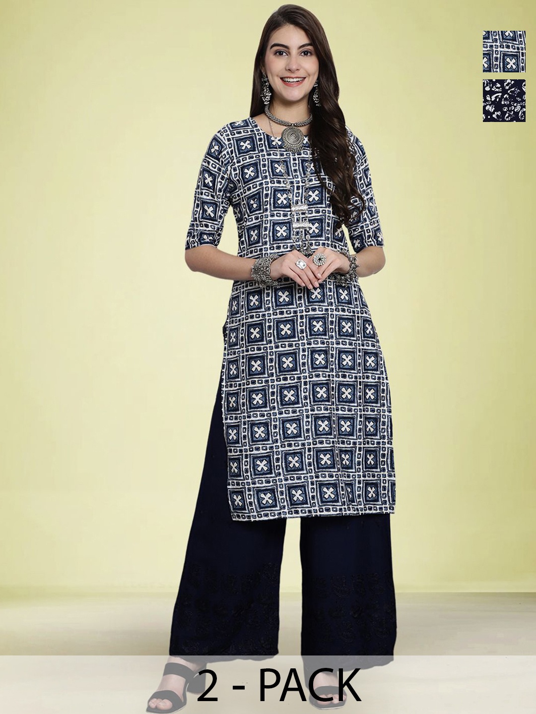 

Moda Rapido Pack Of 2 Ethnic Motifs Printed Crepe Kurta, Navy blue