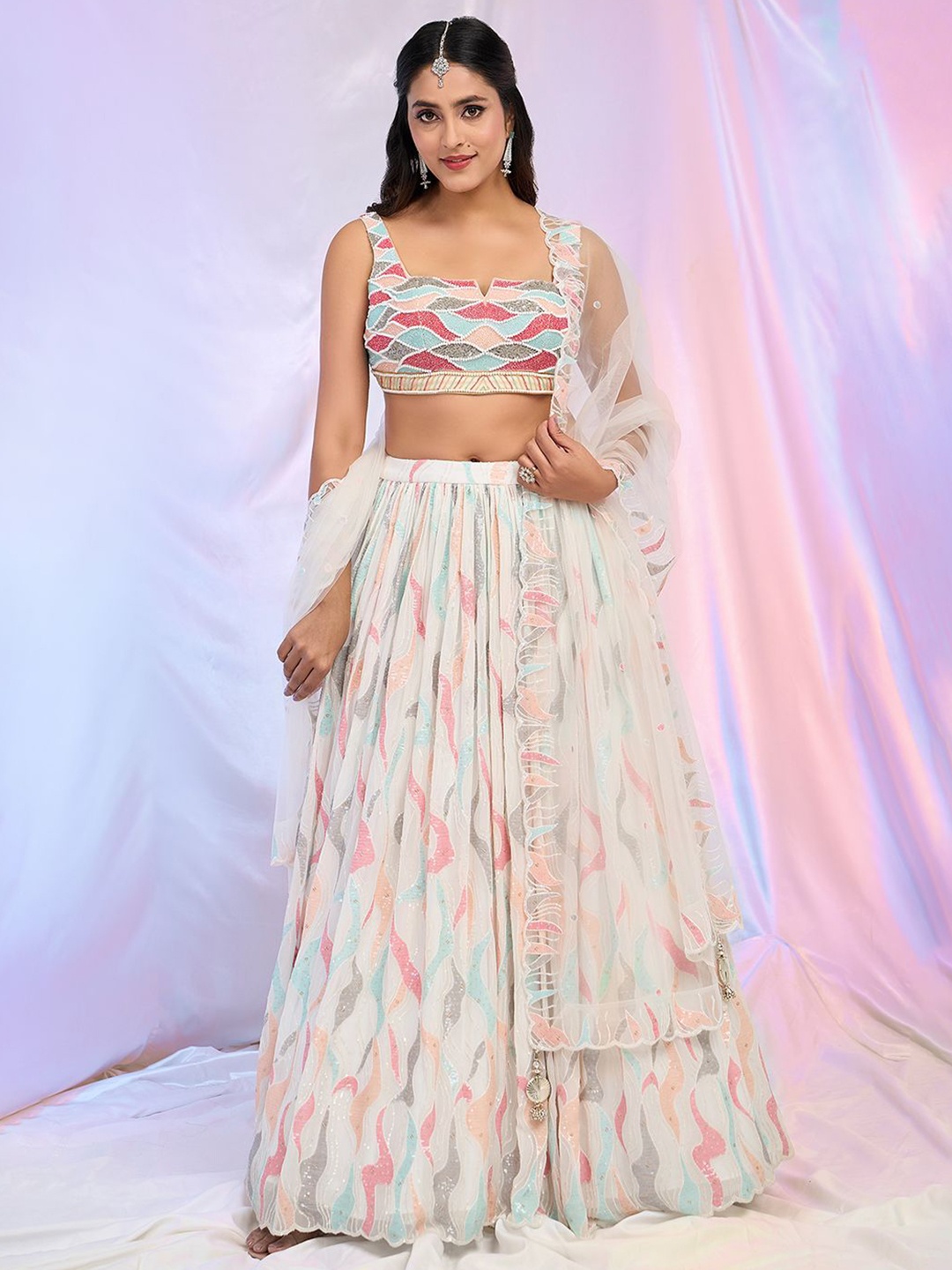 

Alaya Advani Embroidered Beads and Stones Ready to Wear Lehenga & Blouse With Dupatta, White