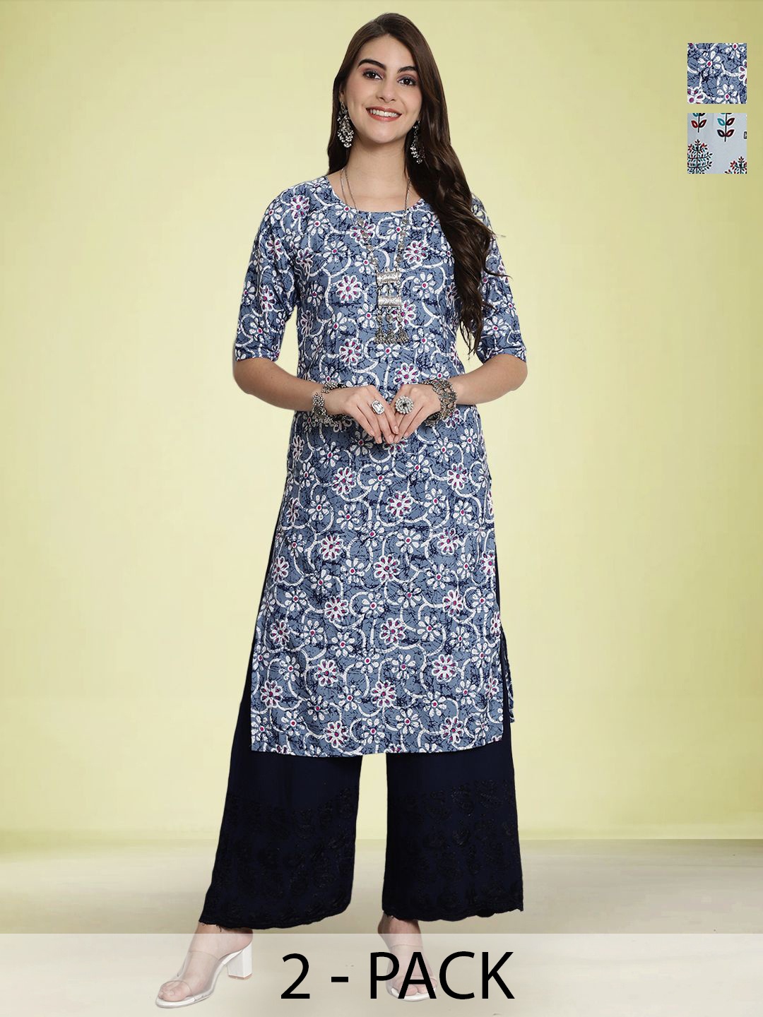 

Moda Rapido Selection Of 2 Floral Printed Straight Kurtas, Blue