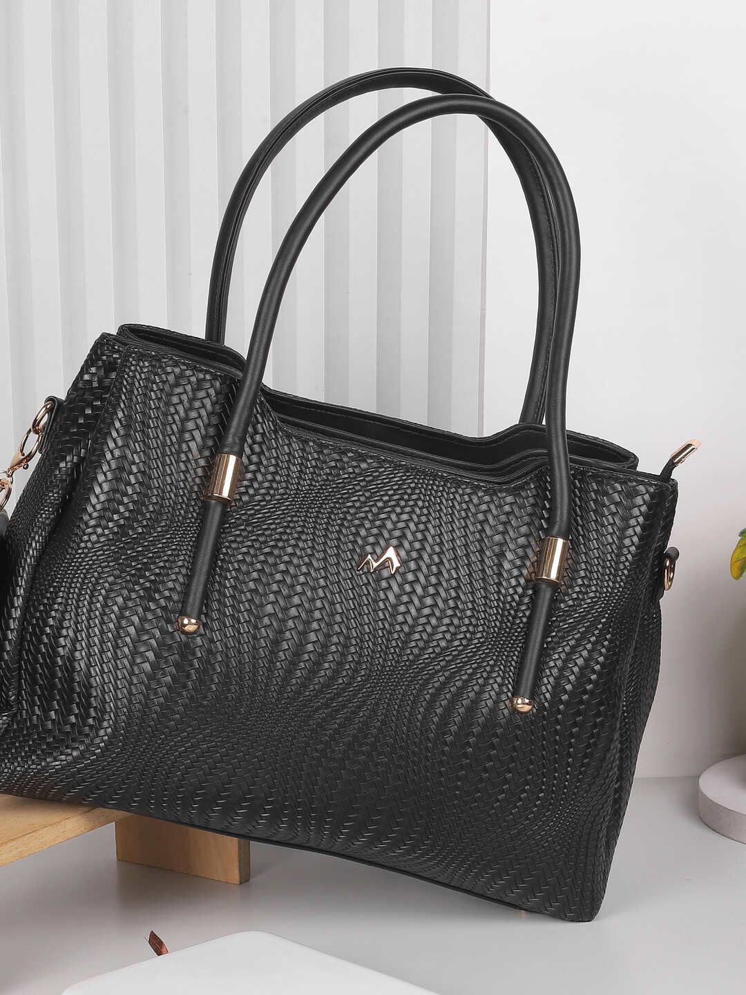 

Metro Textured PU Structured Shoulder Bag with Cut Work, Black