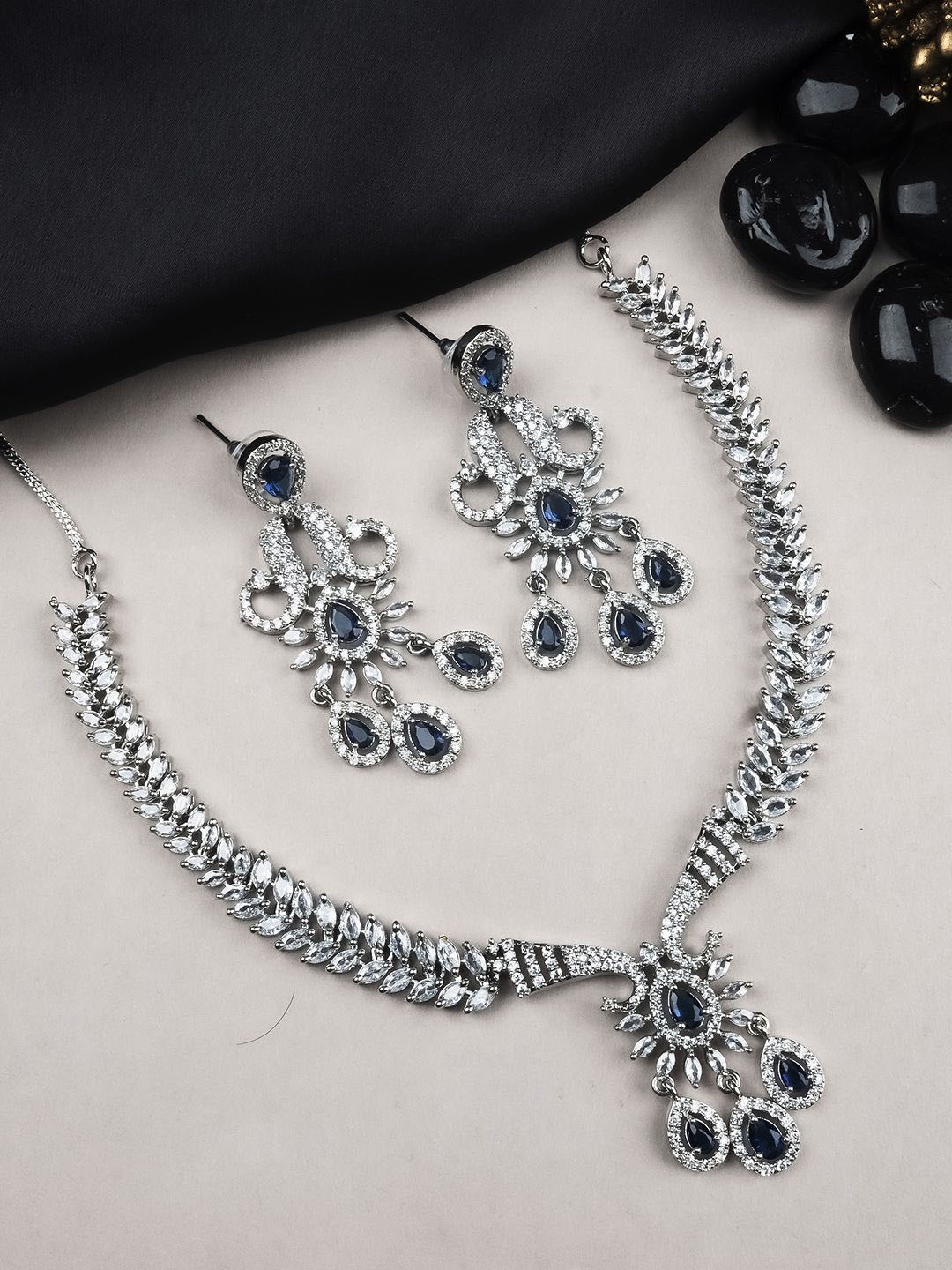 

StileAdda Sliver Plated American Diamond Studded Jewellery Set, Blue