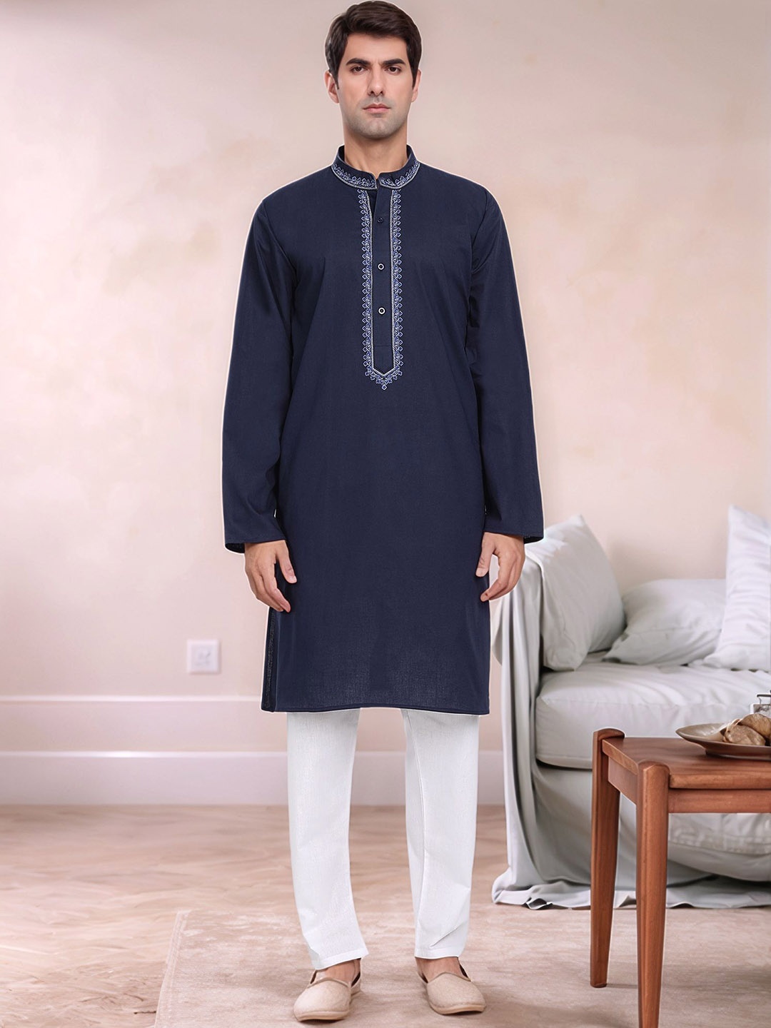 

Moda Rapido Men Embroidered Regular Pure Cotton Kurta with Pyjamas, Blue